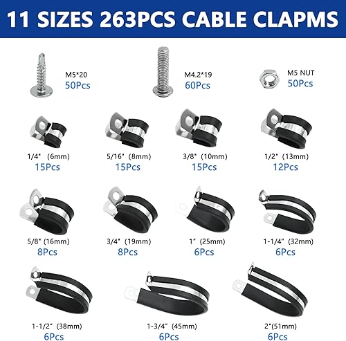 Miniatura 8 de Kit surtido de 106 abrazaderas de cable, (0.23 a 0.79 pulgadas) - Abrazadera de tubo aislada acolchada de acero inoxidable 304, abrazadera de bucle,