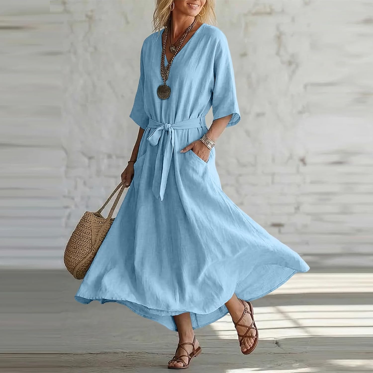Women's V Neck Flowy Dresses, Summer Lightweight Casual Midi Dress 2026 Trendy 3/4 Sleeve Travel Sundress Resort Wear