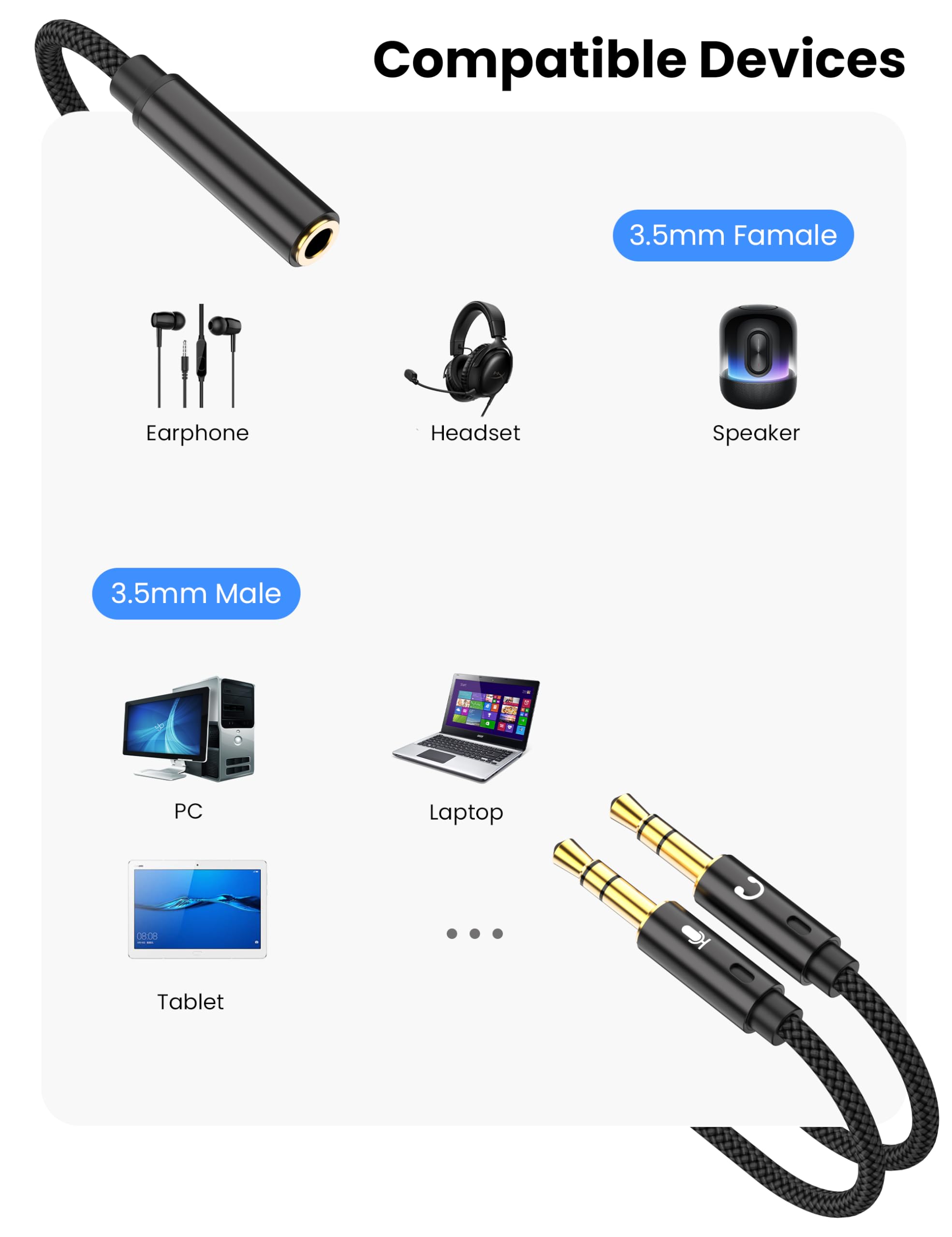 Fidioto Kopfhörer-Mikrofon-Splitter für Computer, geflochtene 3,5-mm-Buchse auf Dual-Stecker, Audio-Splitter-Kabel-Adapter für Gaming-Headset, Kopfhörer, Lautsprecher, Laptop, 2 Stück