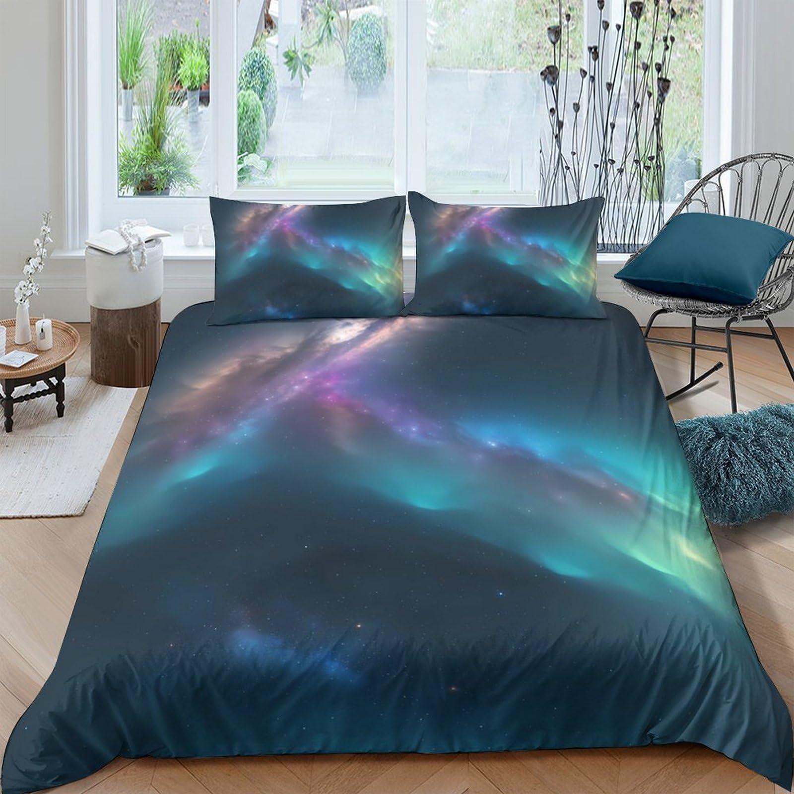 GPLZQXKJNH 3D Printed Galaxy Starry Sky Duvet Cover Microfiber Soft Aurora Nebula Bedding Set with 2 Pillowcases for Bedroom Decor Single（135x200cm）