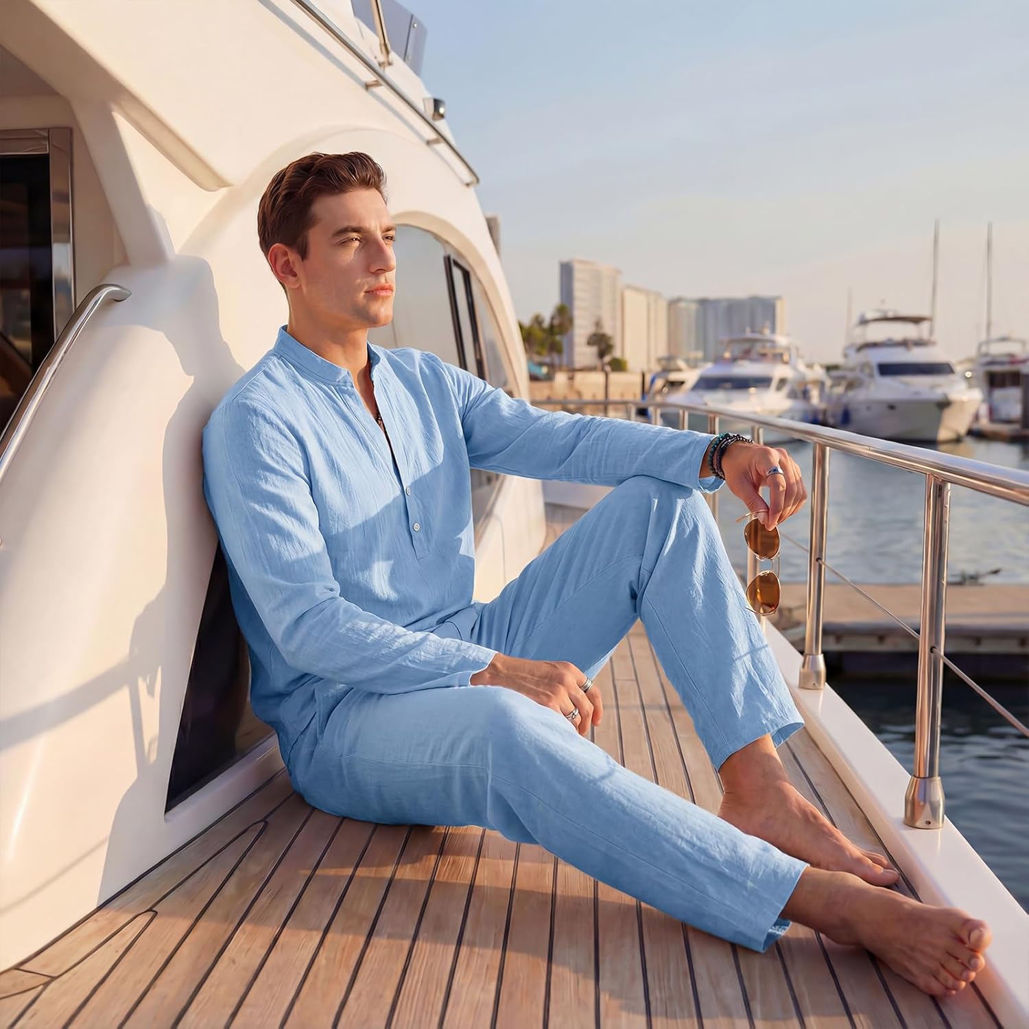 Men's 2 Pieces Cotton Linen Outfit Summer Beach Long Sleeve Henley Shirts and Loose Pants Sets