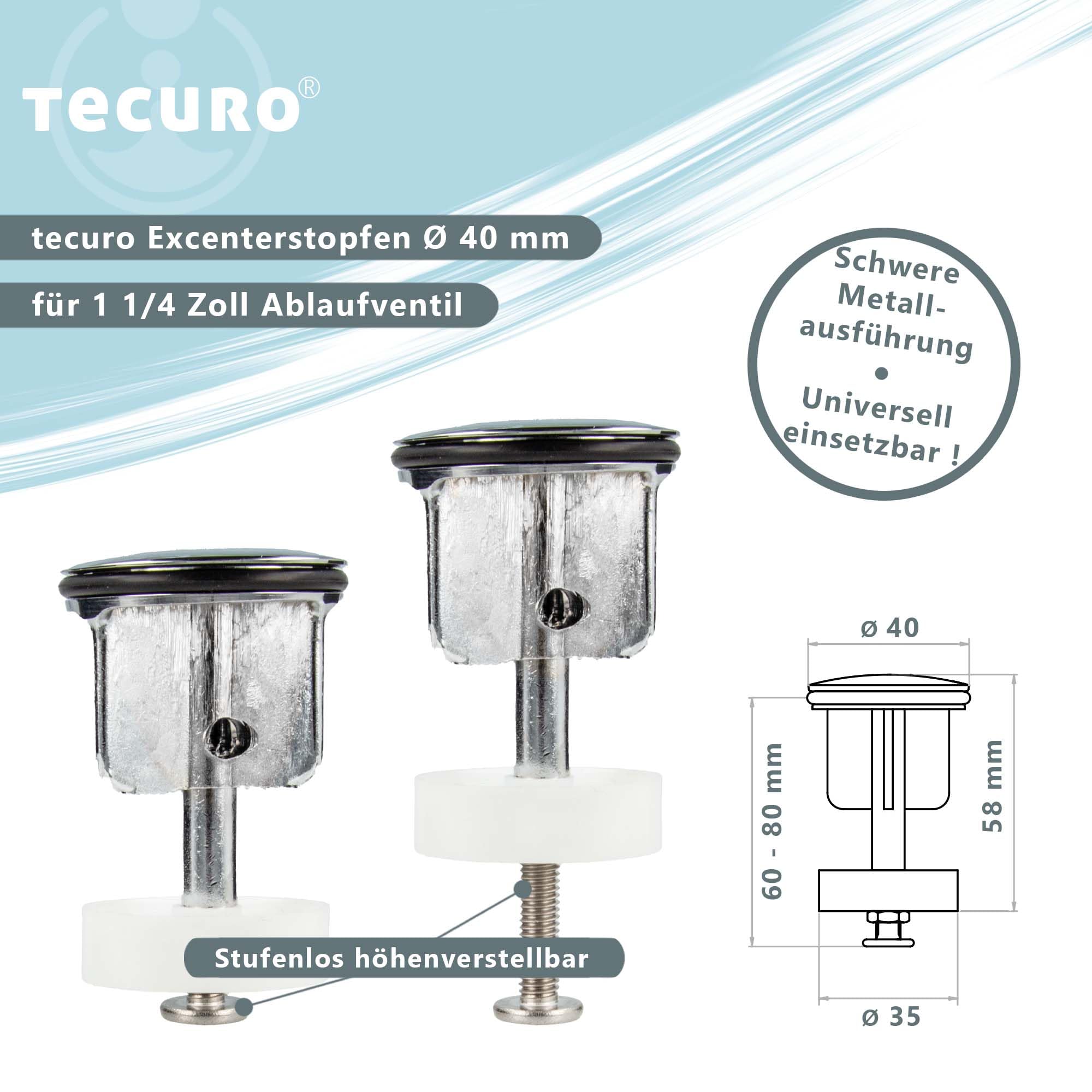 Tappo Saltarello Scarico 40mm Tecuro | Cromato Con Filtro Capelli E Vite Regolabile - Foto 6