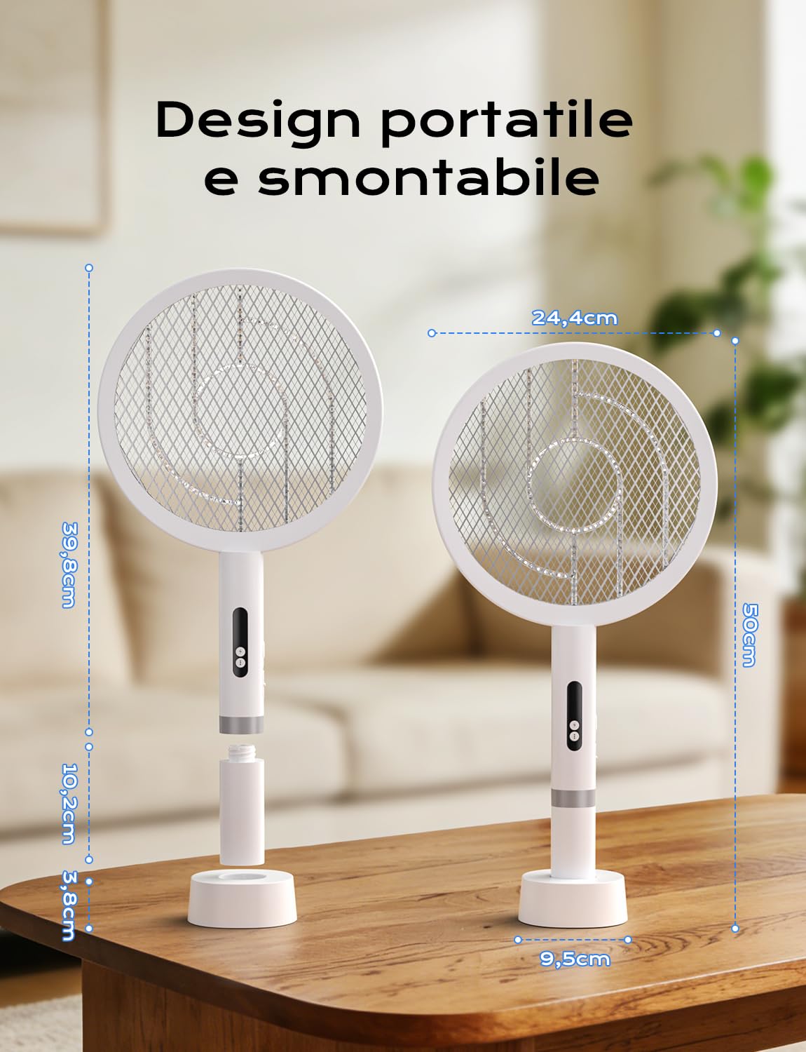 YISSVIC Racchetta Zanzare Elettrica, Racchetta Anti Insetti, 1800mah, Paletta Potente 4000V, Base Ricaricabile, Ricarica USB-C Contro Zanzare, Falene Volanti, Bianco