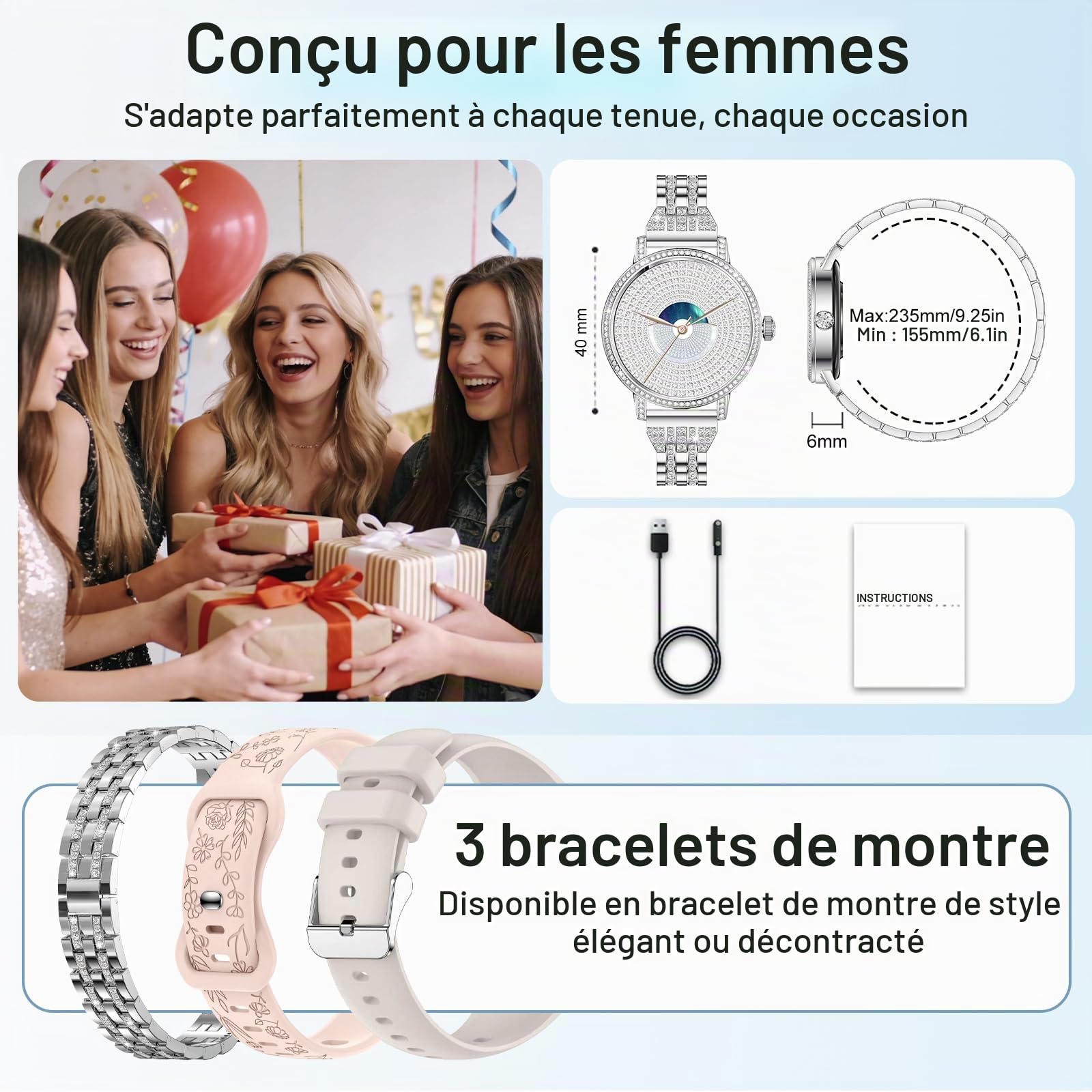 Montre Connectée Femme avec Diamant,3 Bracelets,1,27" HD appels Bluetooth Smartwatch,Fréquence Cardiaqu/Sommeil/SpO2/Féminine/Calories,IP68,120+ Sportif Podomètre Tracker pour Android/iOS,Argent
