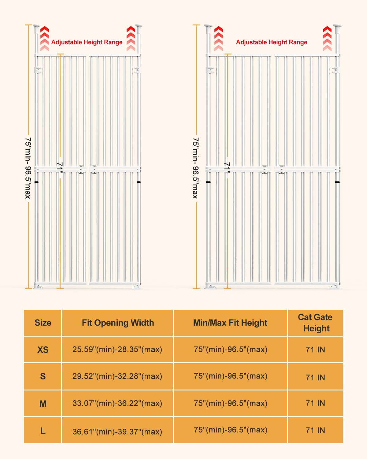 Cat Gates for Doorways No Climb, Extra Tall Cat Gate 71 Inch, Pet Gate for Doorway for Doorways/Hallway/Stairs, No Drilling Required, Easy Lock & Escape Proof, 33.07" - 36.22" Wide
