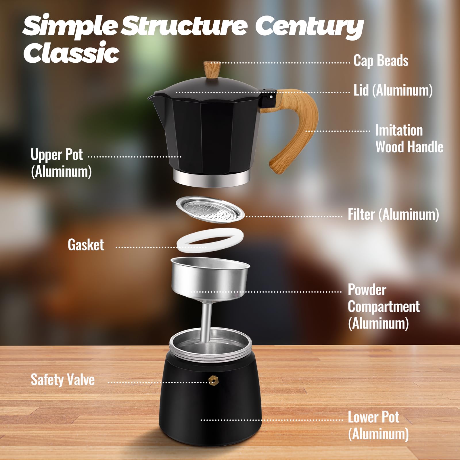 Cafetera Moka de aluminio para 3 tazas, color negro, clásica, 150 ml, cafetera percolador Mocha Express Classic Cafe Maker para café italiano y cubano