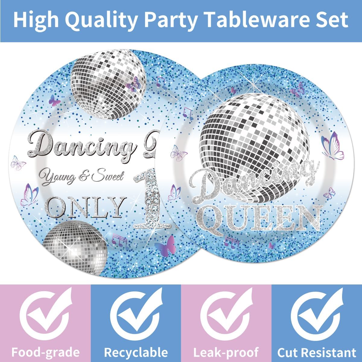 96Pcs Dancing Queen 17th Birthday Disposable Tableware Set - Dancing Queen Happy 17th Birthday Paper Plates Napkins Forks Blue Disco 17 Years Old Party Supplies Serve 24 Guests