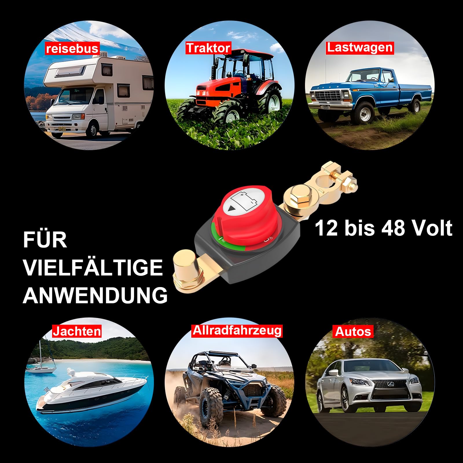 Autobatterie Trennschalter 12V-48V 200A, 180° drehbarer Batteriehauptschalter ON-OFF mit Flammhemmendem Gehäuse für Auto LKW Boot Wohnwagen Motorrad