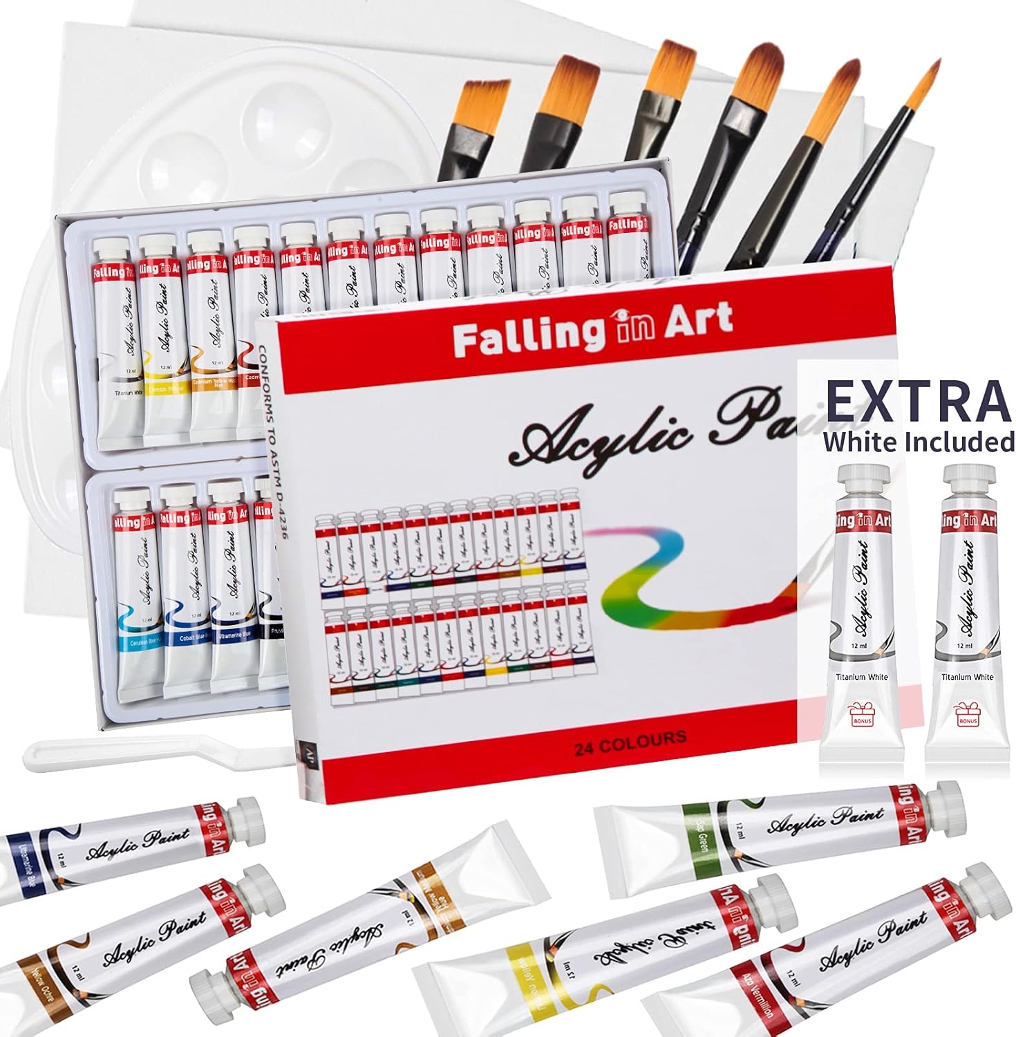 Falling in Art 26 Tubes Acrylic Paint Set with Canvas, Brushes, Palette - 36 Pieces Artist Acrylic Painting Tools Set for Artists, Beginners, Kids