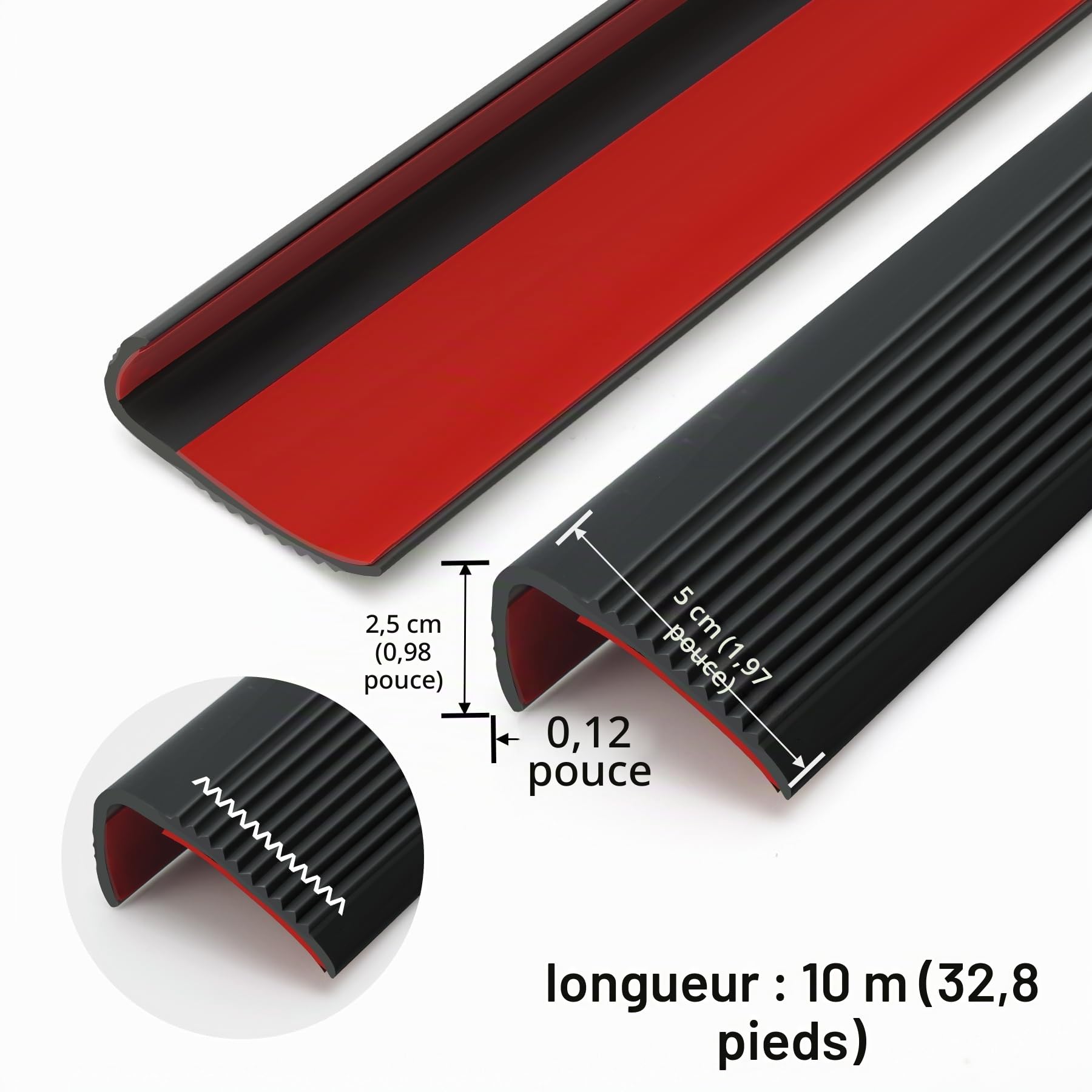 Nez d'escalier antidérapant de 10 m - En vinyle autocollant - Flexible - En caoutchouc PVC - 10 m x 25 mm - Noir