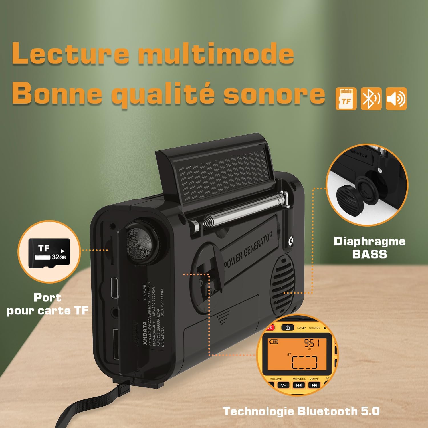 Rear view of the XHDATA D608WB radio highlighting the TF card slot, bass diaphragm, Bluetooth 5.0 technology, and power generator crank.