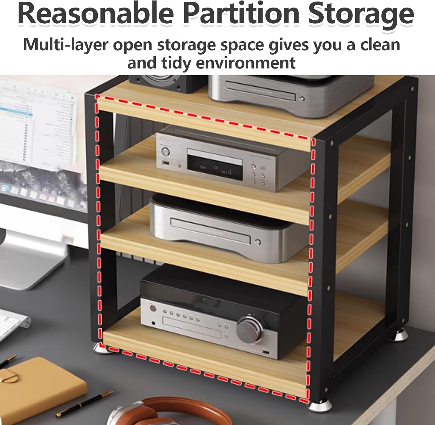 Movable Media Stand with Wooden Shelf – Portable Desktop Stereo Rack for Video, Corner Shelf Audio Components,Cabinet Storage(Black,3Tier-W45CM)