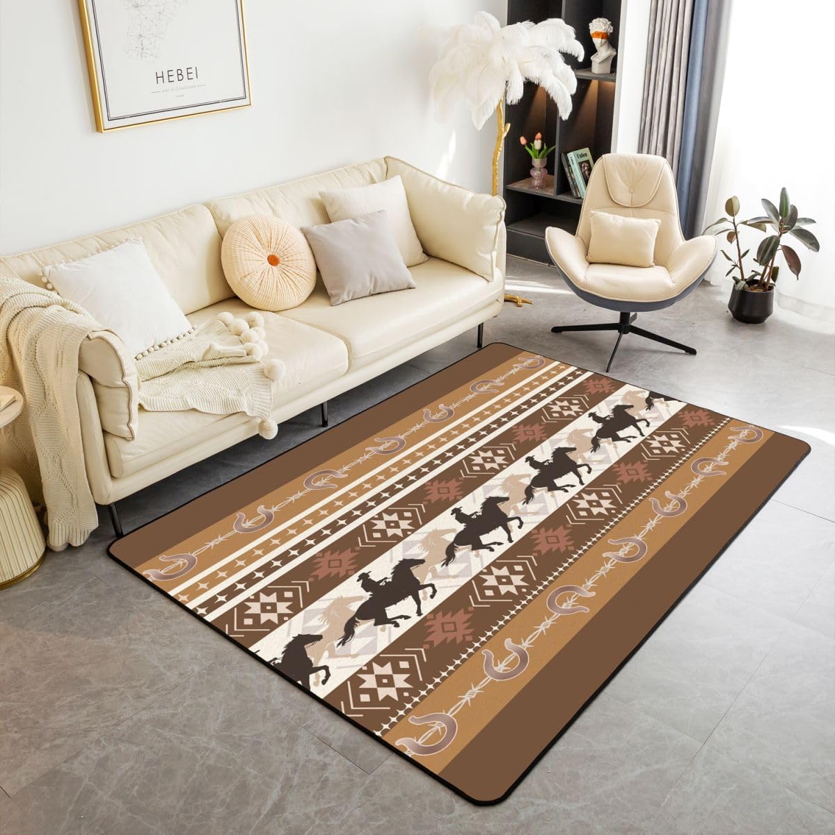 Feelyou Western Area Rug 5x7 for Bedroom Southwestern Living Room Rugs Soft Non-Slip Horse Decor Carpet Galloping Horse Indoor Floor Mat Tribal Brown Yellow for Home, Dining Room