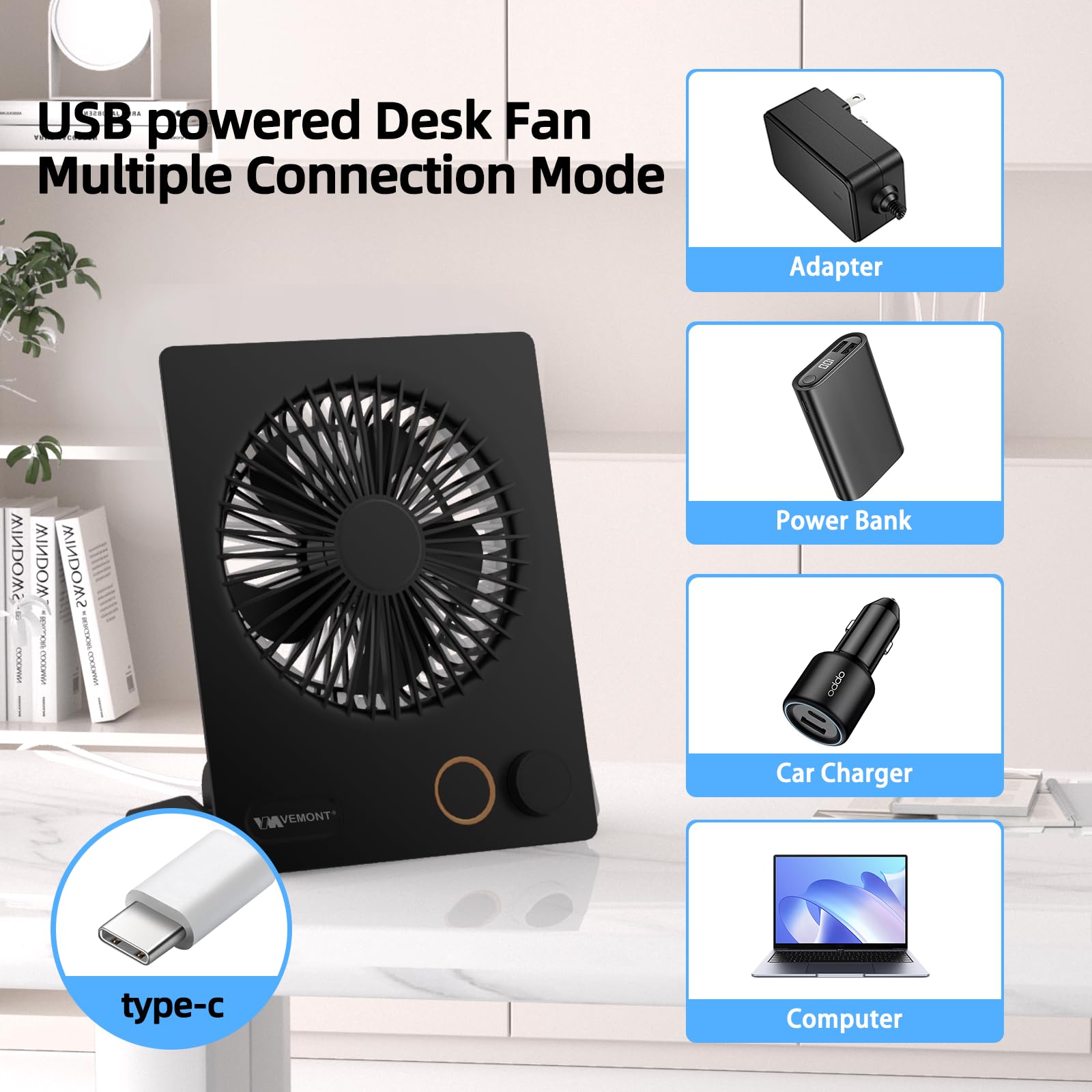 VEMONT Mini Tischventilator, USB Ventilator,5000mAh Akku-Ventilator,180°Kippbarer tragbarer Ventilator mit Fernbedienung, stufenlose Geschwindigkeit, starker Wind, leise hängende Ventilatoren-Schwarz