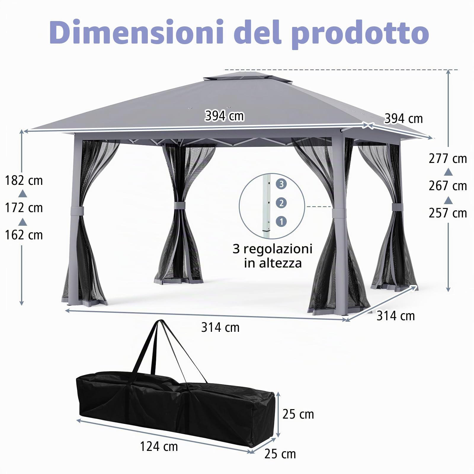 HOMASIS Gazebo con Zanzariera, Pergola 4x4 m Regolabile in Altezza, Gazebo Pieghevole e Impermeabile, Telaio in Metallo, Tenda da Esterno per Campeggio, Feste, Piscina, Grigio