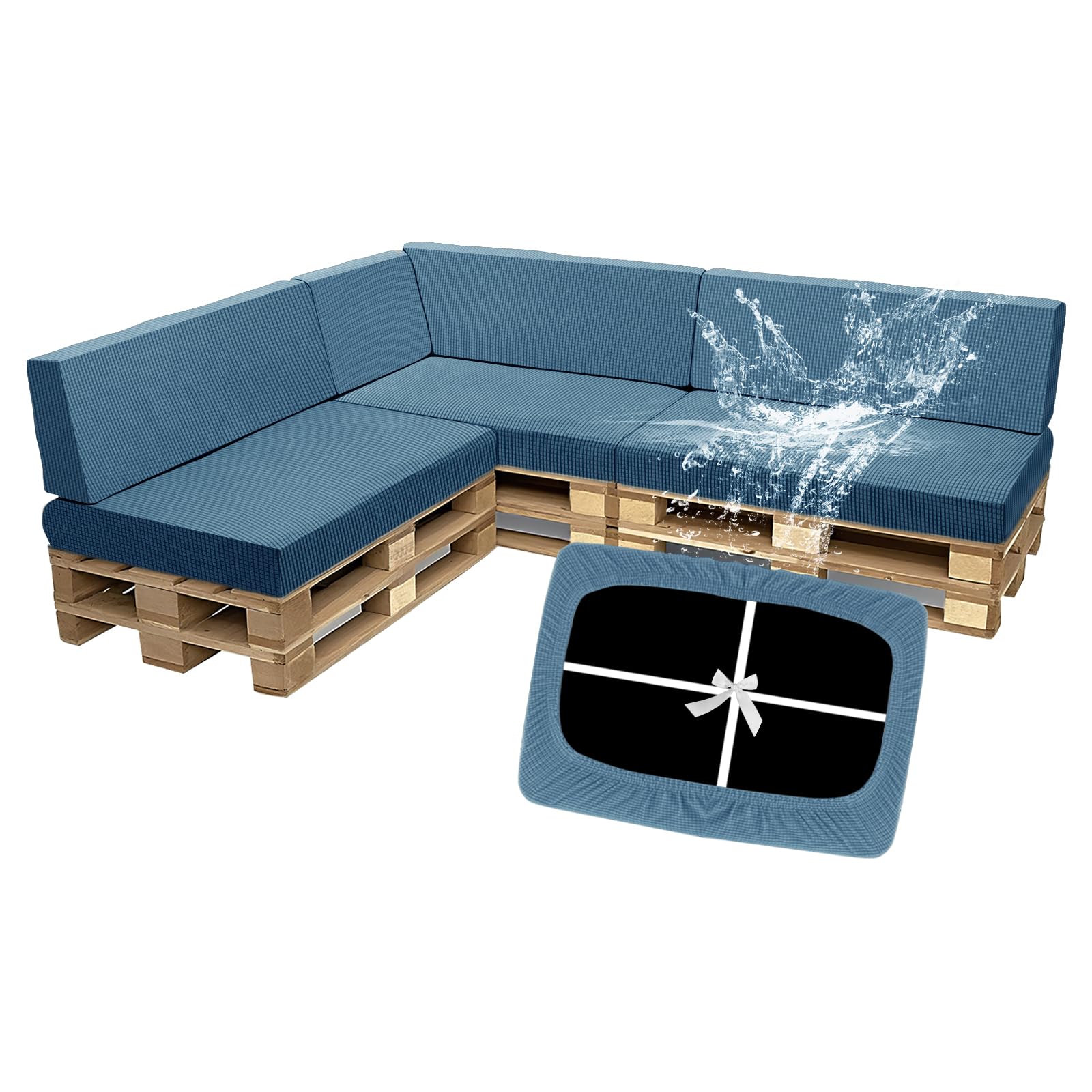 SYLC Waterproof Pallet Cushions Covers, Stretch Cover for Pallet Furniture Cushions with 4 Ties, Outdoor Corner Sofa Covers for Rattan Patio Garden Caravan (Blue,7 PCS(3 Seats+4 Backs)) โ image 1