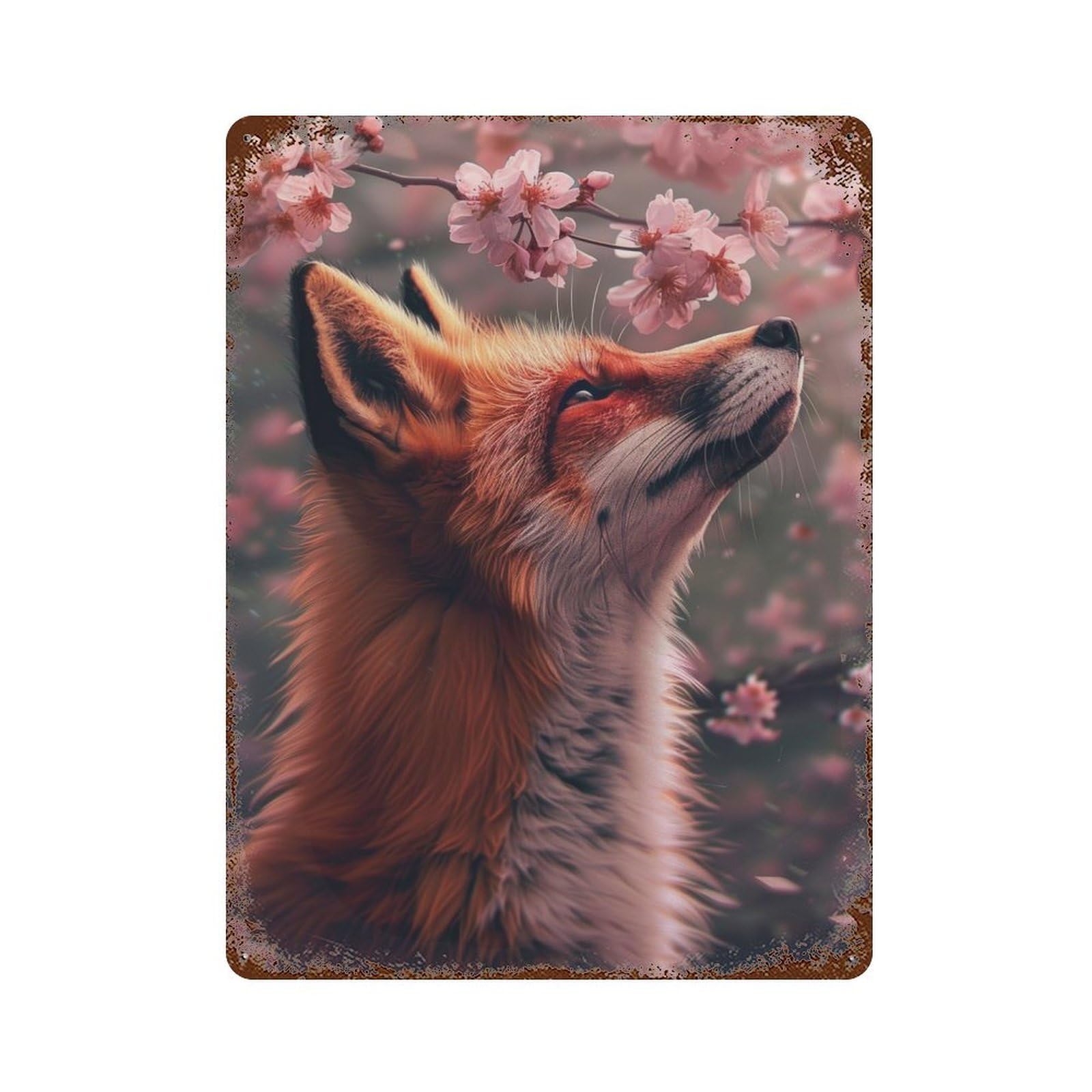Red Fox Cherry Blossom Rustic Tin Plaque 15.7"x11.8", for Shed, Workshop And Garage Wall Decor, Shabby Chic Decor