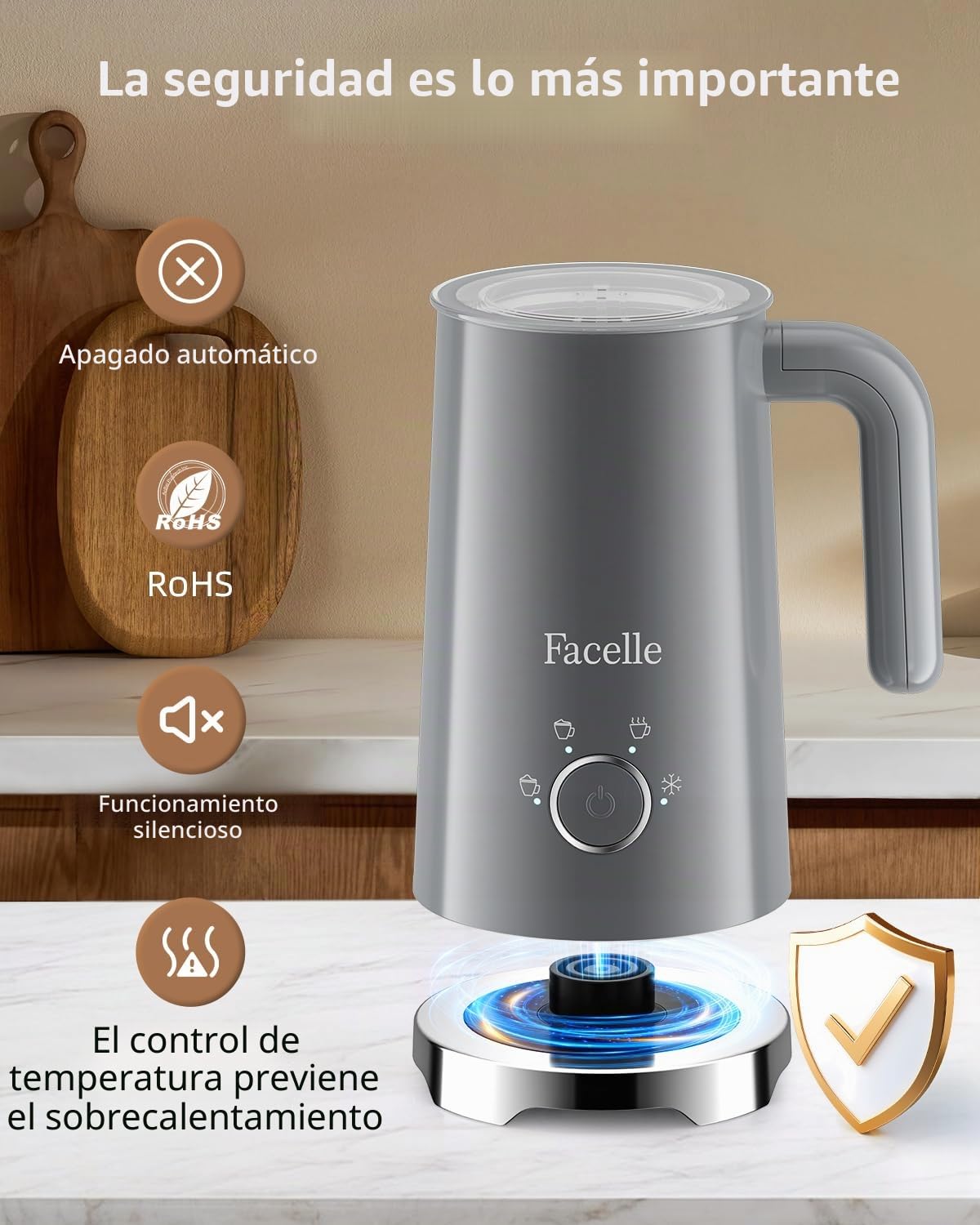 Facelle espumador de leche electrico, máquina automática para hacer espuma caliente y fría para latte, capuchinos y macchiato. Apagado automático y control de temperatura