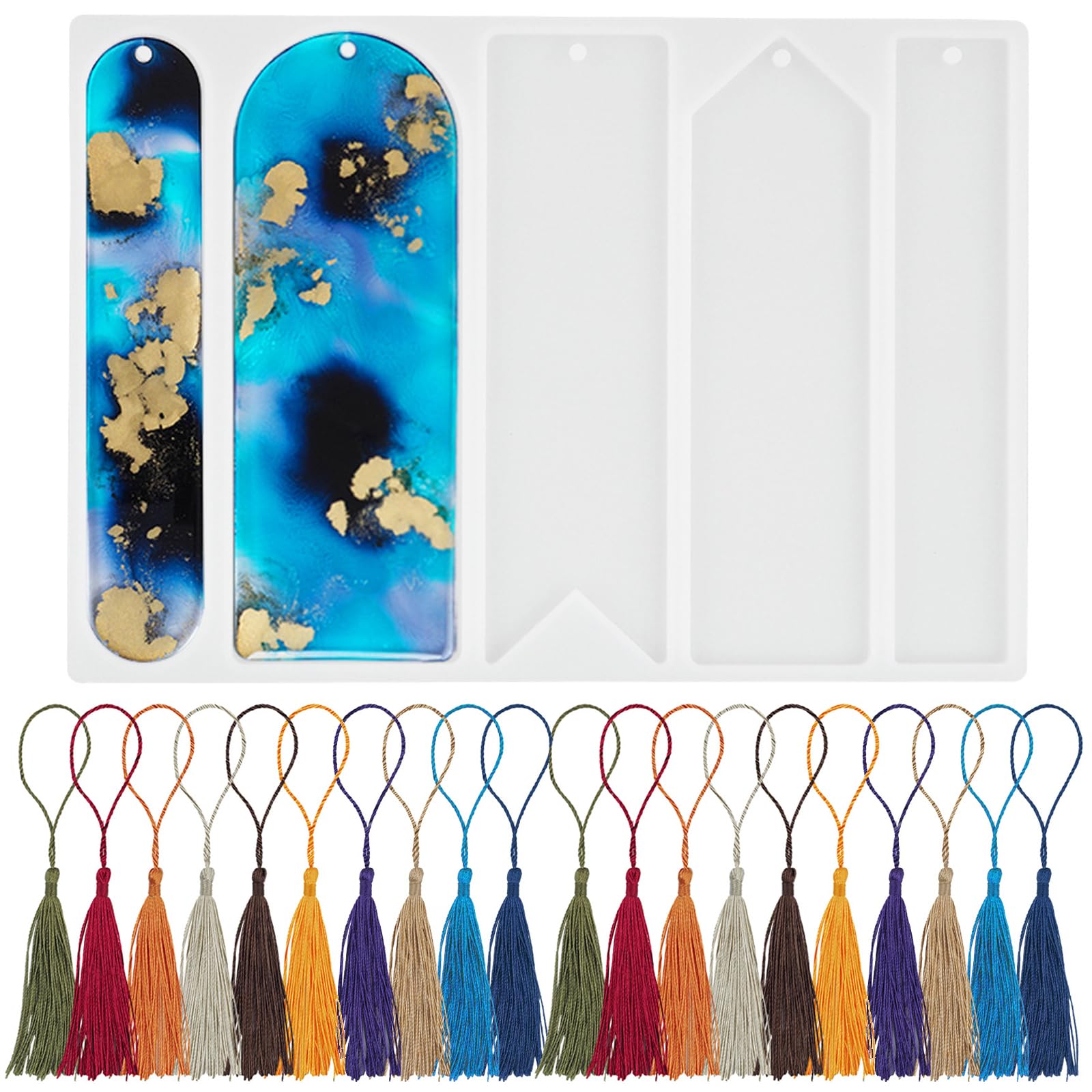 Actvty Silicone Bookmark Molds - 5 Shapes and 20pcs Bookmark Tassels for Resin Casting Crafts