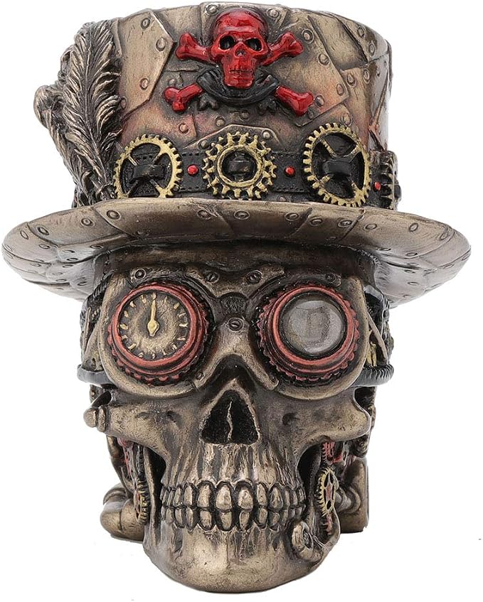 Veronese Design 4.5 Inch Steampunk Cross Bones Top Hat Motor Skull Antique Bronze Finish Sculpture Table Top Figurine