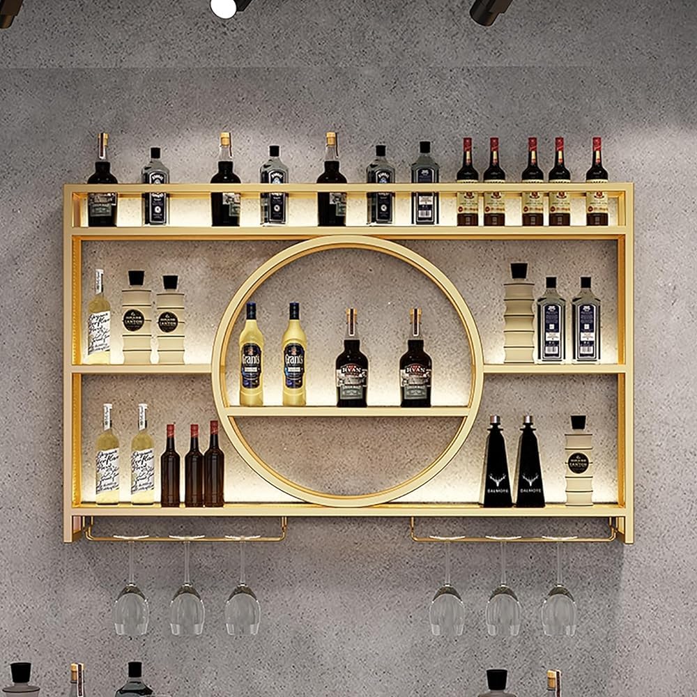 Casier à vin mural industriel doré 120cm avec porte-verre