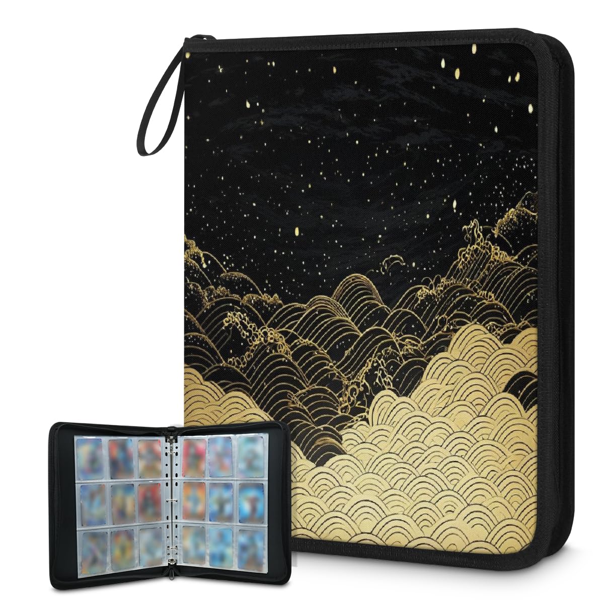 Carpeta de tarjetas coleccionables con 9 bolsillos con impresión japonesa, álbum de tarjetas de ondas doradas con fundas extraíbles, libro de tarjetas impermeable con cremallera, capacidad para 50