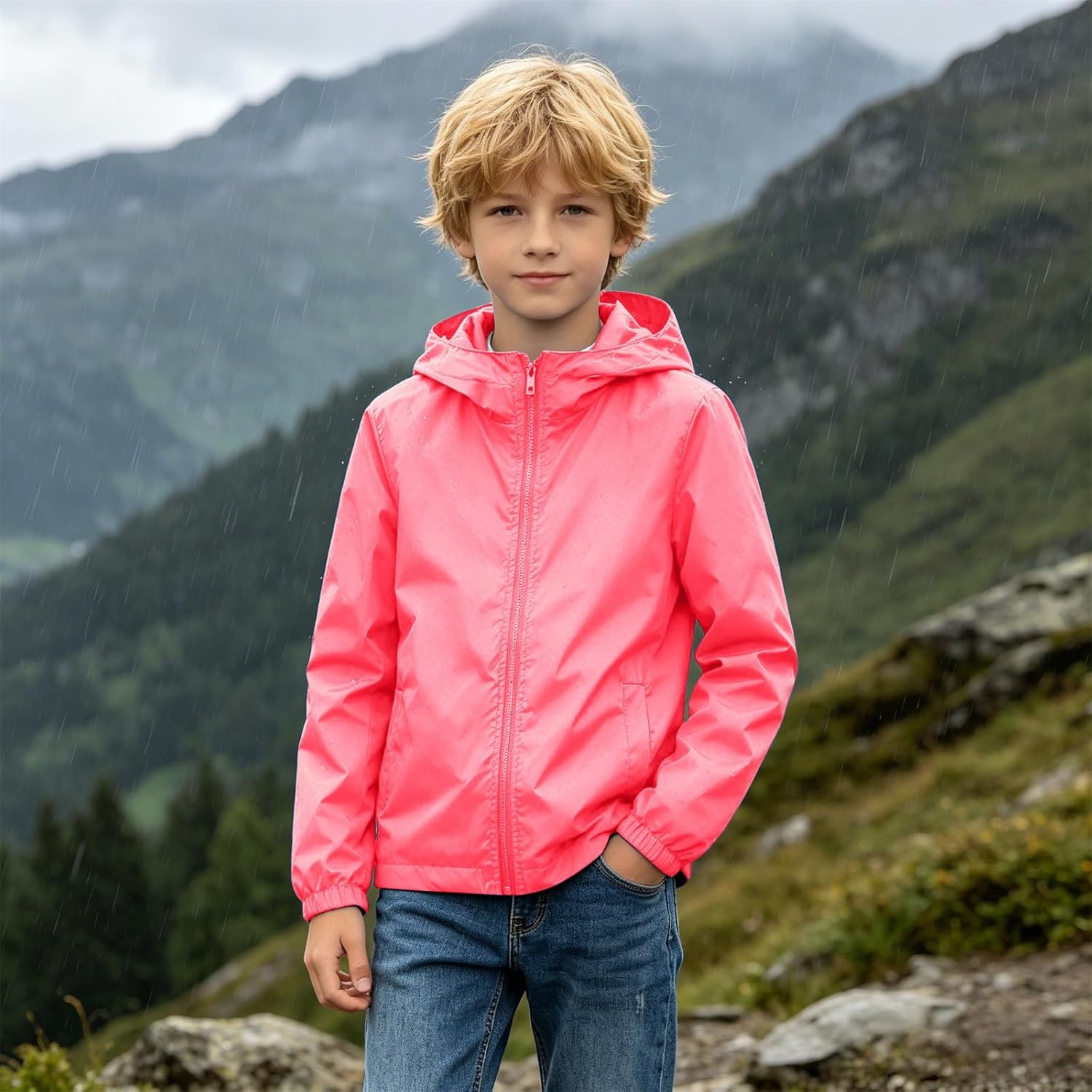 2 Pack Boys Waterproof Hooded Windbreaker Full Zip Rain Jacket Girls Plain Classic Lightweight Hiking Hoodie Outerwear Kids