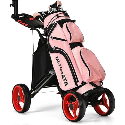 GYMAX Folding Golf Push Cart, Height Adjustable Portable Caddy Cart with Umbrella Holder, Waterproof Bag, Built-in Cooler & Foot Brake, Quick Fold/Unfold Golf Trolley for Club