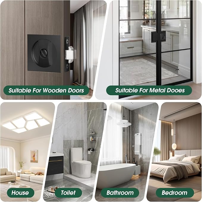 Cerradura para puerta empotrada con indicador, herraje de privacidad cuadrado para puertas empotradas | Cierre deslizante de aleación de zinc anticorrosivo e impermeable, manija para puerta empotrada, apto para puertas estándar - Negro miniatura 6