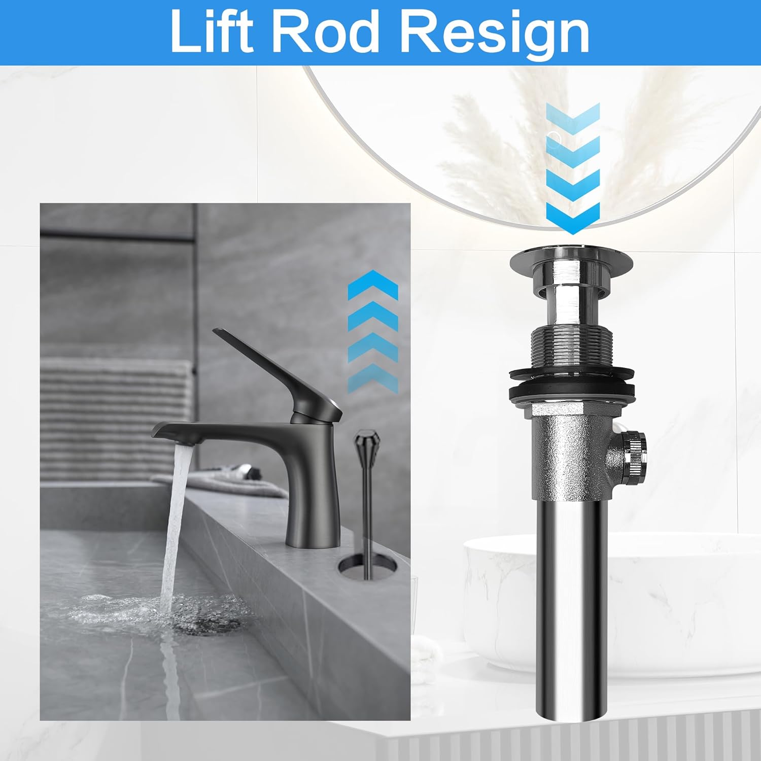 Pop Up Sink Drain Stopper Assembly with Ball Lift Rod and Overflow, Solid Brass Bathroom Pop Up Drain Assembly for Vanity Vessel Sink,All Brass Construction (Chrome Plated)