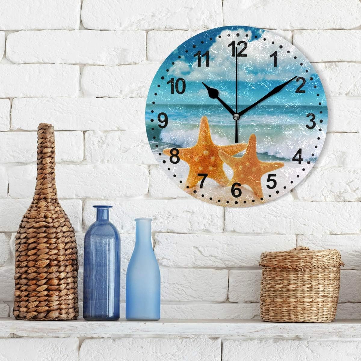 SUABO Bathroom Clocks Non-Ticking 9.5 inch Starfish Decorative Wall Clock for Living Room Decor