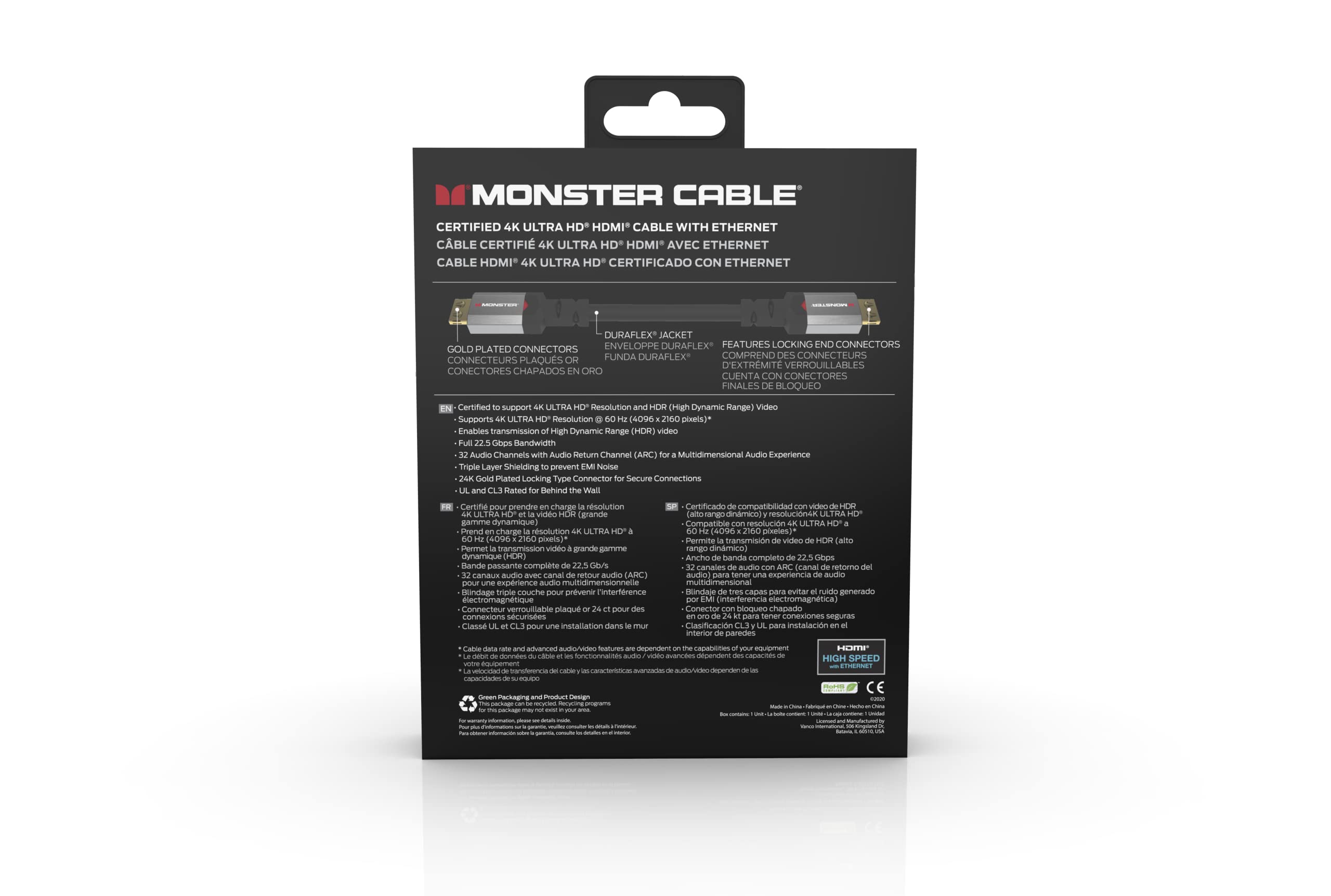 MONSTER - Câble HDMI - Résolution 4K - Vidéo HDR - Audio Return Channel - 22,5 GBPS - Vitesse Éclair - Triple Blindage - Homologué UL et CL3-3,6 Mètres - Noir