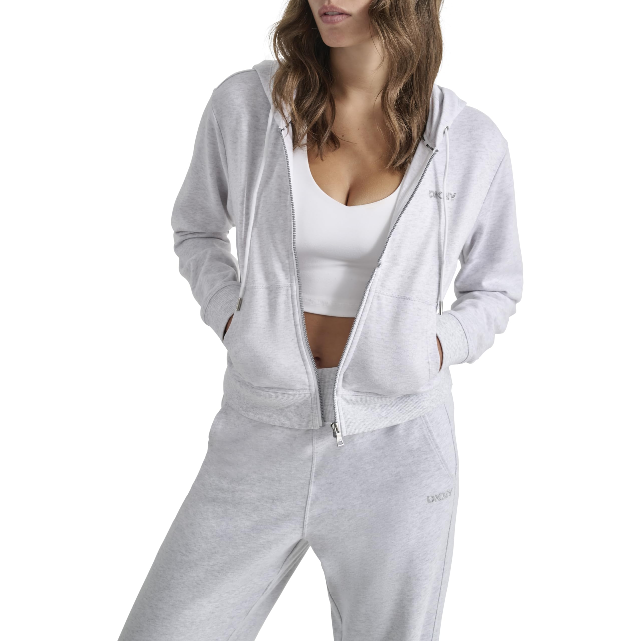 Dkny Women's Optic Heather Mini Stud Logo Full Zip Hoodie Jacket, M