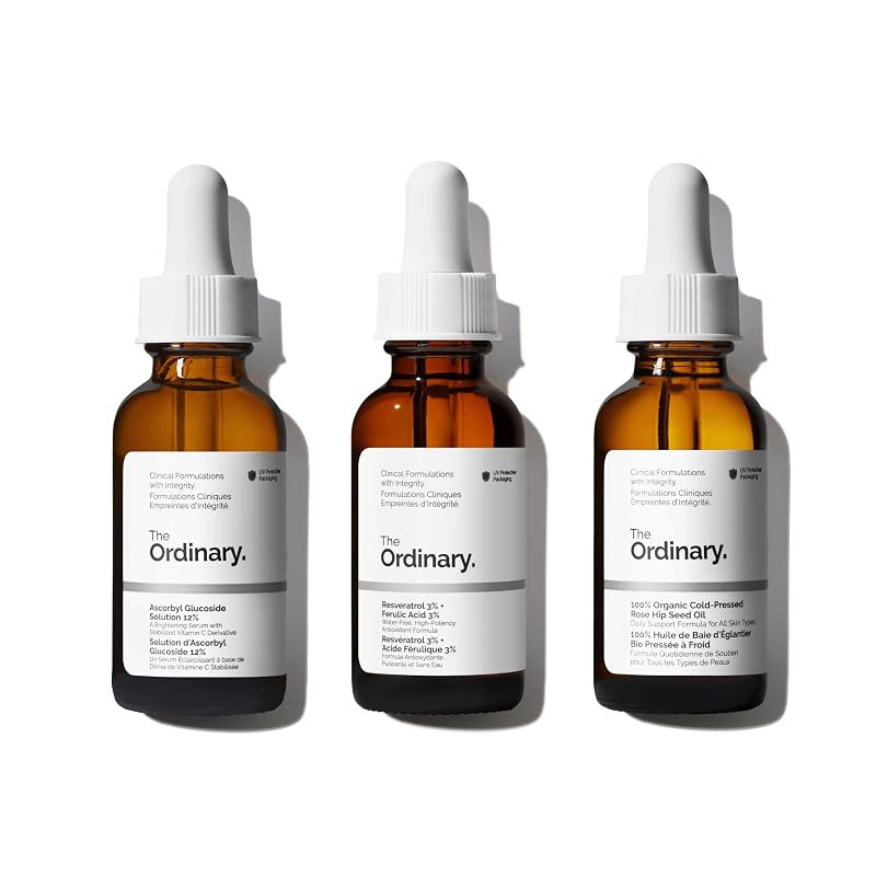 Conjunto de cuidados faciais The Ordinary com Ascorbyl Glucoside Solution 12%, Resveratrol 3% + Ferulic Acid 3% e óleo de semente de rosa-mosqueta