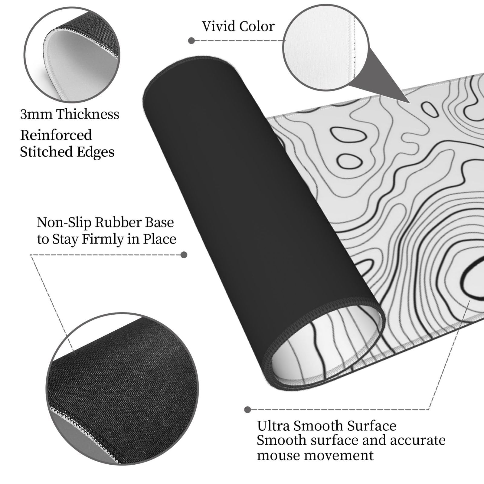 Alfombrilla de mouse grande con mapa topográfico blanco, alfombrilla de mouse para teclado grande extendida, alfombrilla de mouse larga para juegos de computadora para el hogar, oficina, escritorio de