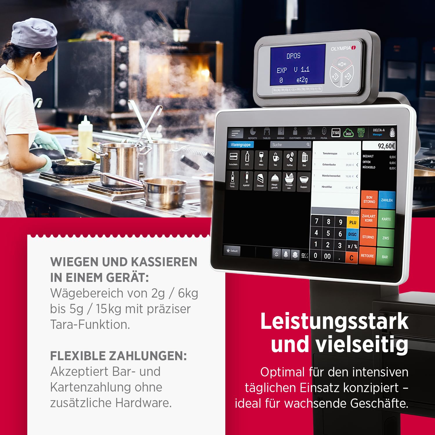 OLYMPIA WK1 Kassensystem mit Waage POS-Registrierkasse TSE-konform 10,1" Touch-Display Thermodrucker All-in-One System 2g/6kg 5g/15kg