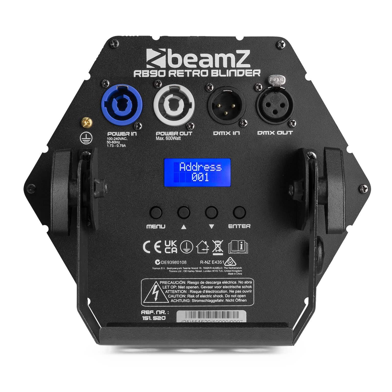 BeamZ RB90 - Retro Stage Blinder, 5er Set, 3 x 30 Watt LED Effektstrahler DMX Licht, 3-in-1 Bühnenlicht Deko DJ Lichtanlage Party, Lichtorgel Warmweiß, 72x RGB-SMD-LEDs, Stroboskop, Disco Beleuchtung