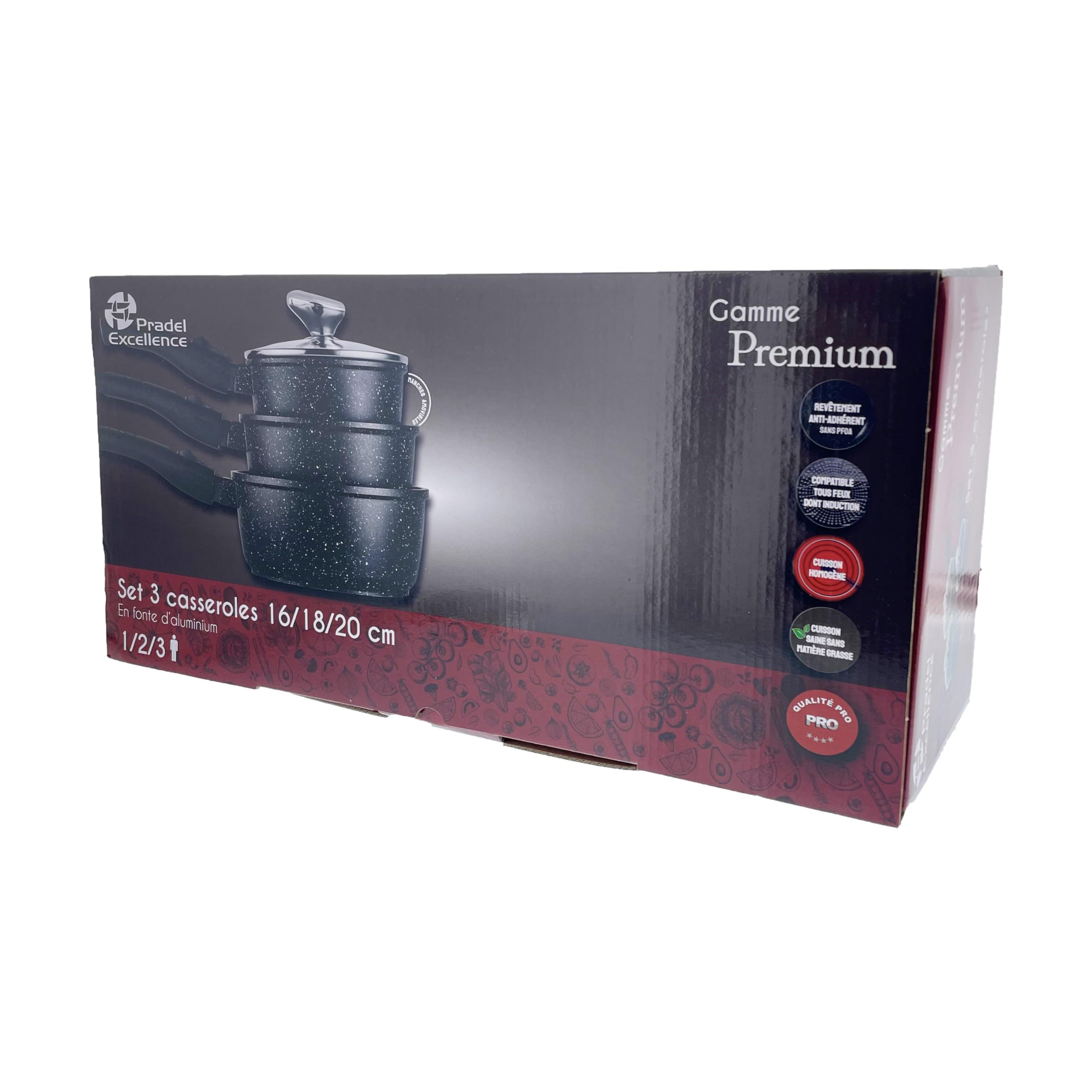 Pradel Excellence - PCUI001031 - Lot de 3 Casseroles 16, 18, 20 cm avec Couvercles - Premium - Fonte d’Aluminium - Revêtement Antiadhésif façon Pierre - 3 Manches Amovibles - Tous Feux, Four