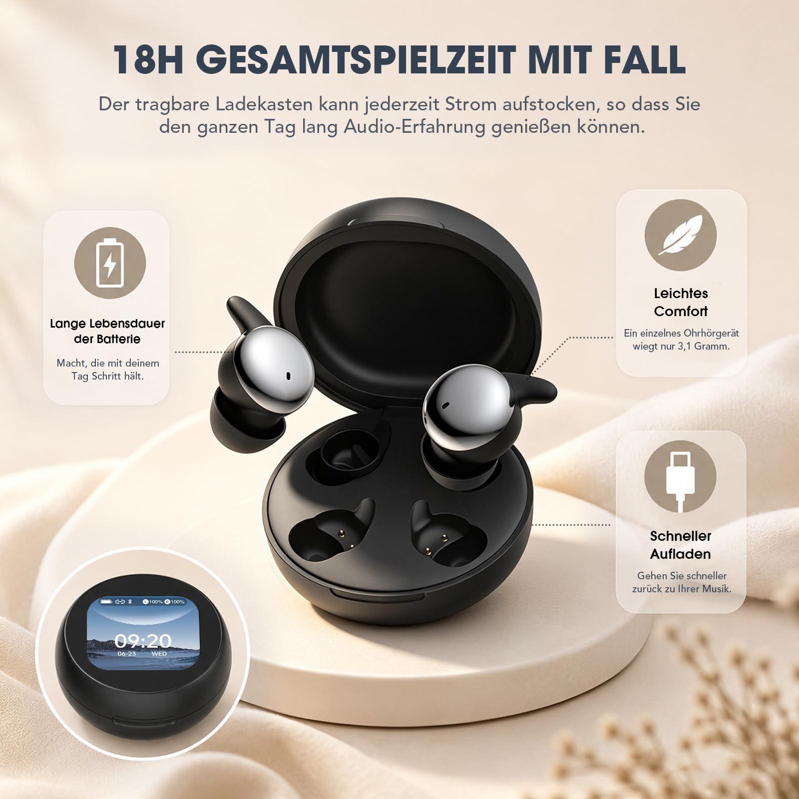 NE90 Schlafkopfhörer für Seitenschläfer, Mini Bluetooth 6.0 Kopfhörer zum Schlafen mit Smart-Touchscreen-Case, Sleep-Timer, Dual-Bluetooth, 18 Std. Akku, KI-Übersetzung in 160+ Sprachen