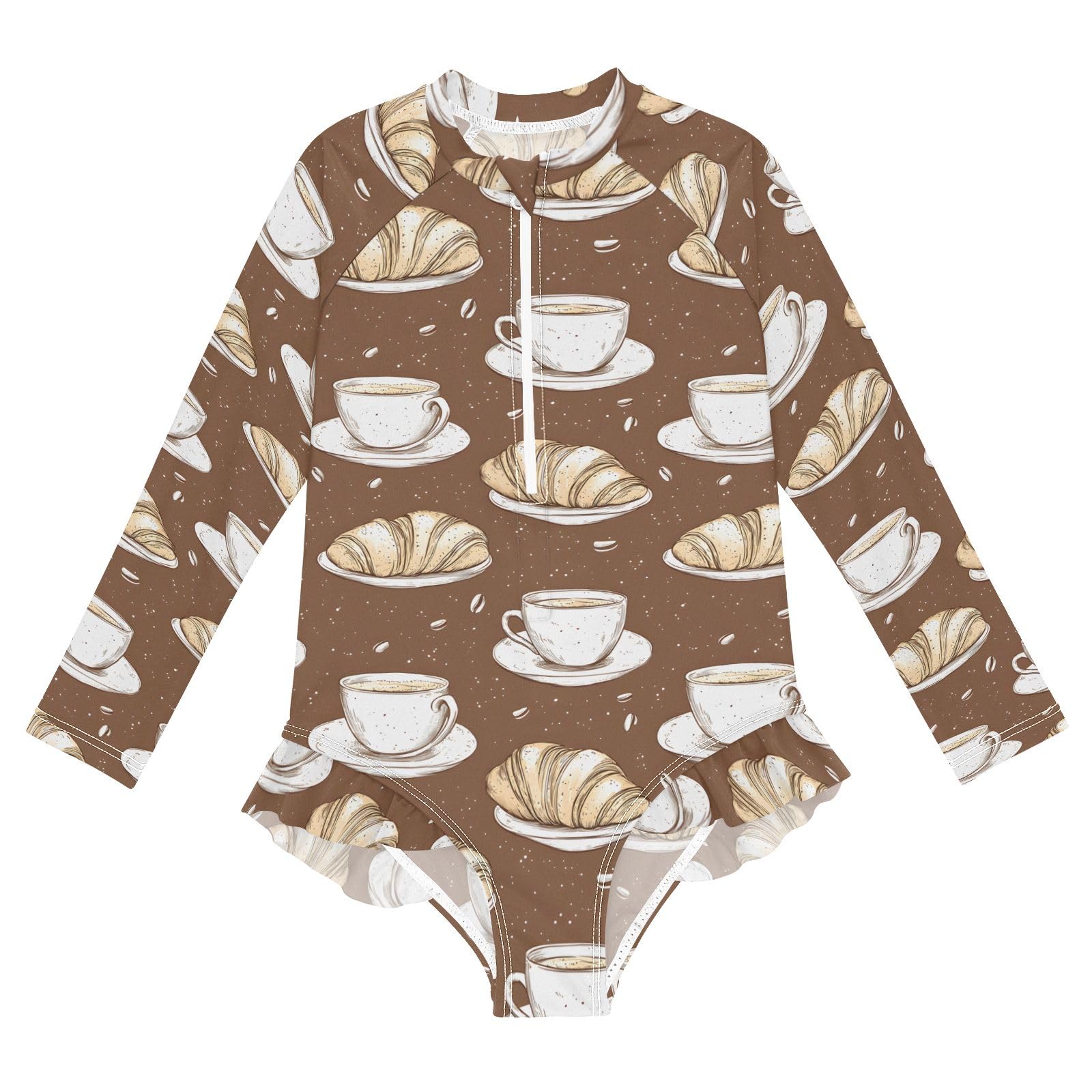 ALAZA Swimsuit for Girls Long Sleeve Rashguard Bathing Suit Croissants Coffee Cups Quick Dry 4T