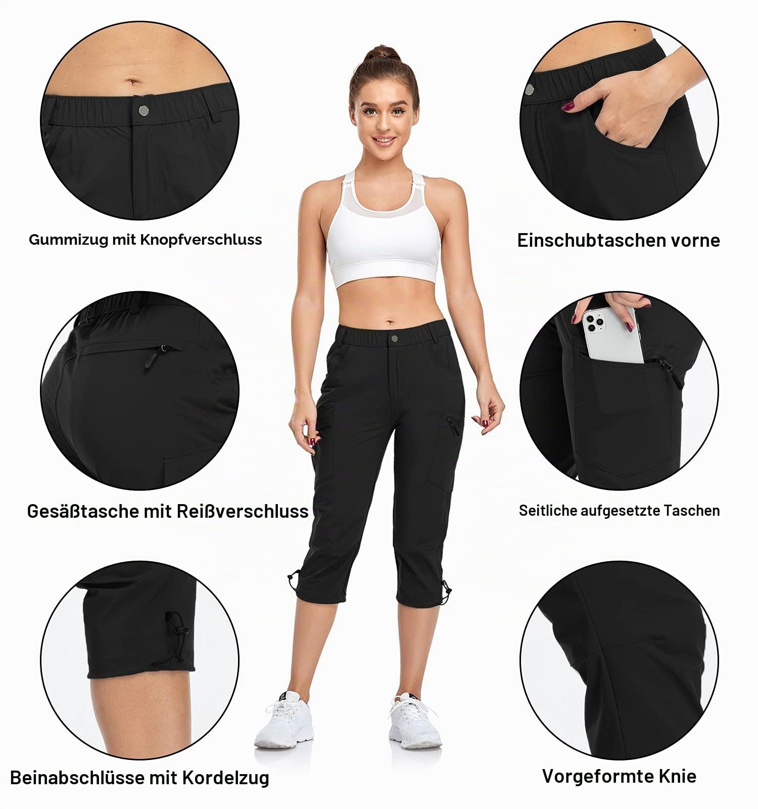 GymBrave Wanderhose Damen 3/4 Trekkinghose Stretch Leiche schnell trocknend Cargo Caprihose Sommer Outdoor UPF 50 mit Reißverschlusstaschen