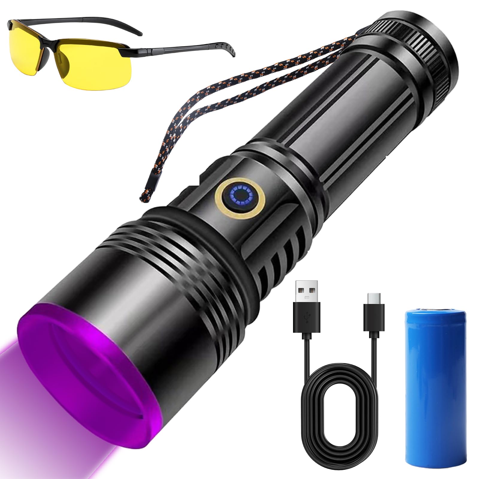 Aicharynic UV Taschenlampe 365nm: Aluminiumlegierung Aufladbar, Schwarzlicht, Haustierurin Detektor, Schmuckdetektion, Fluoreszenzdetektion, mit UV Schutzbrille