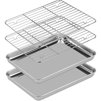 Baking Tray with Grid Set 2 Stainless Steel Baking Trays + 2 Cooling Racks 31.5 x 24.5 x 2.5 cm Rectangular Oven Tray with Cake Rack Rustproof Non-Toxic Dishwasher Safe for Baking Grilling