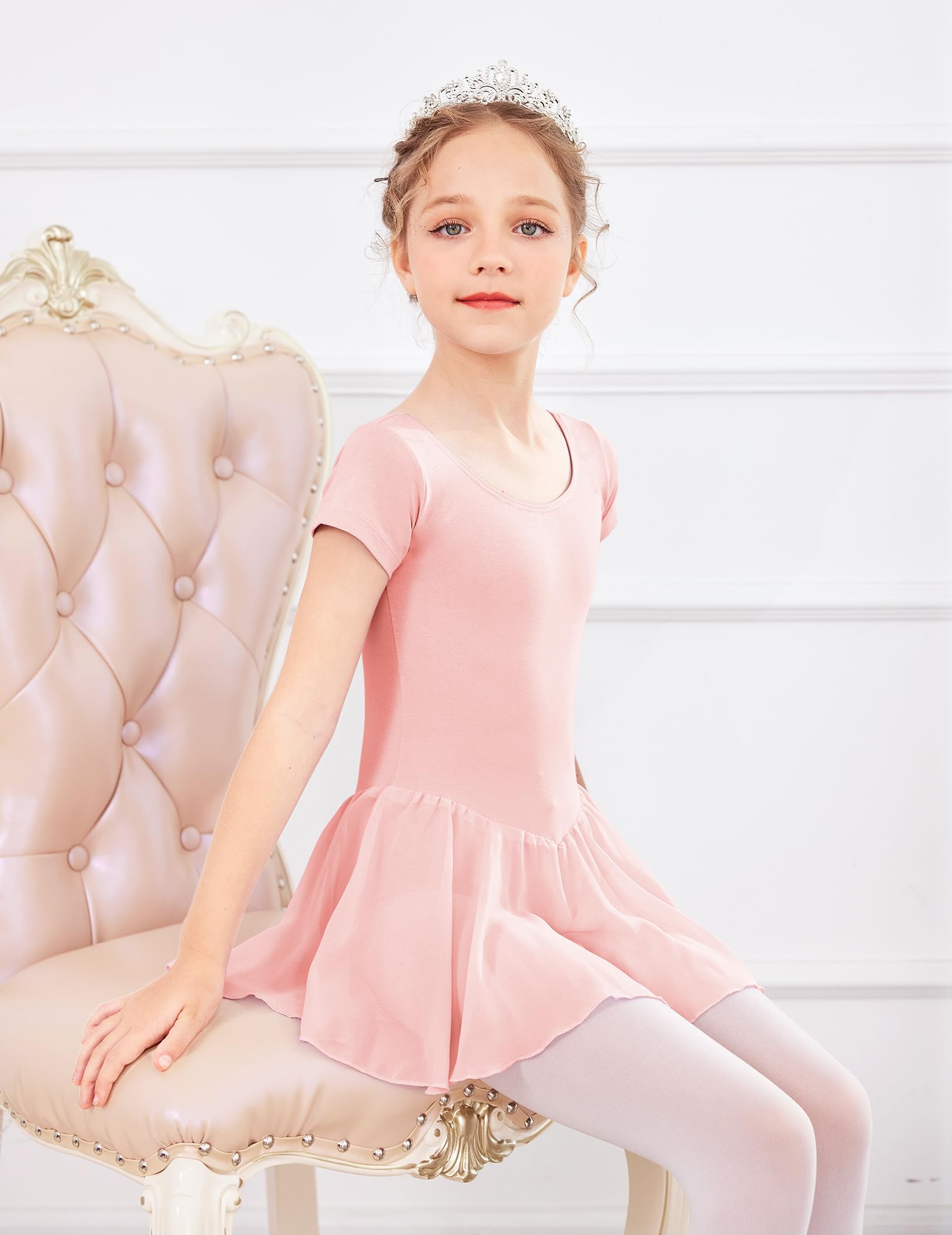 Kinder Ballettkleidung Mädchen Ballettkleid Baumwolle Ballettanzug Kurzarm Ballett Trikot Tanzkleid Ballettbody mit Chiffon Tütü 2-9 Jahre
