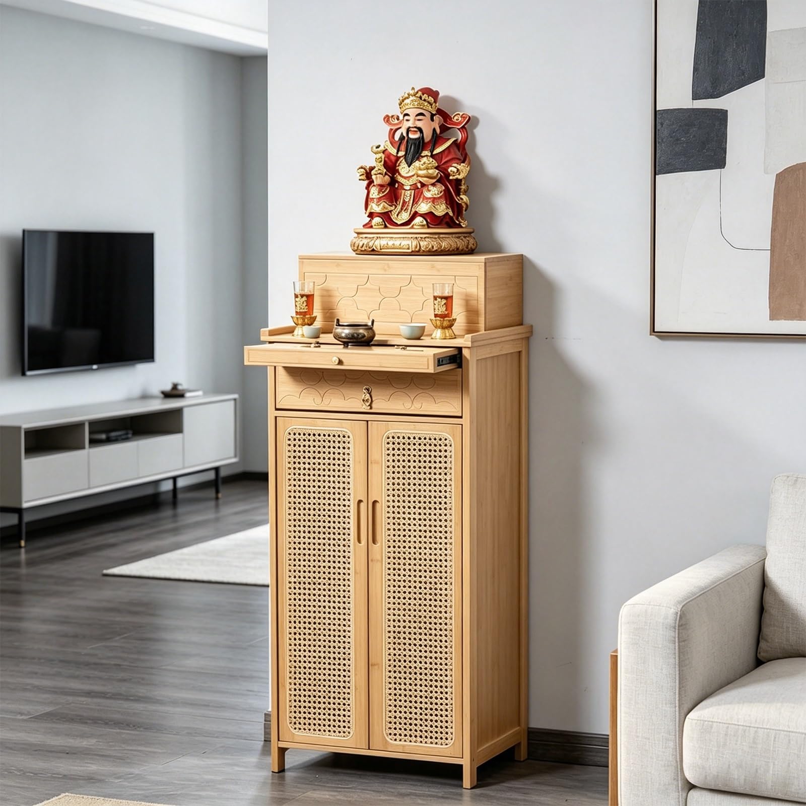 Altar budista de bambú natural de 52cm con puertas de ratán y un estante extraíble