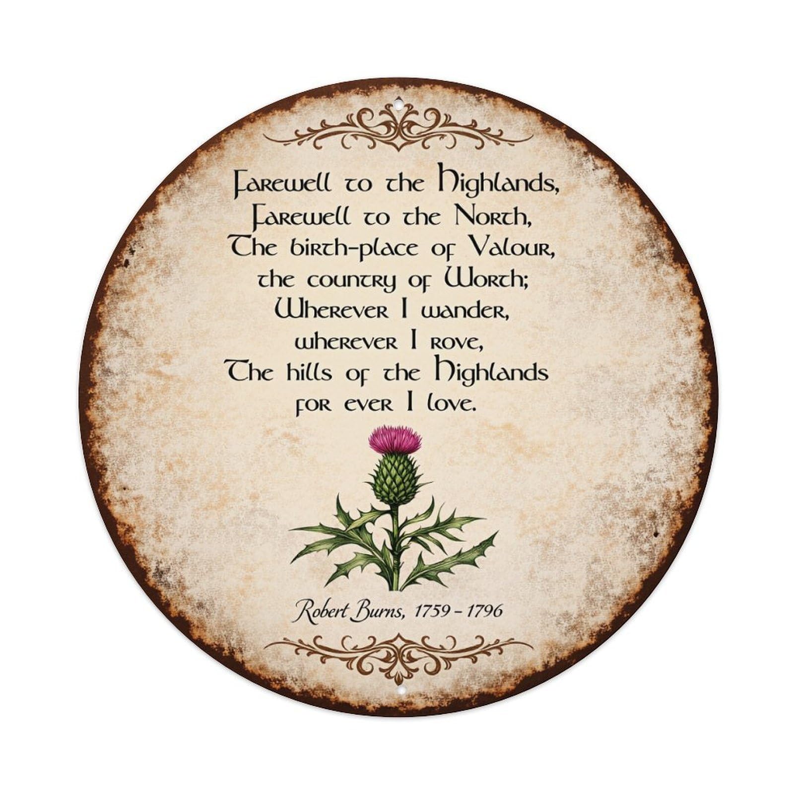Farewell Highlands Poem Thistle Design Retro Metal Tin Sign, Vintage Metal Poster for Bar, Home, Man Cave, Kitchen, Laundry Room Art Decor 8x8 Inch