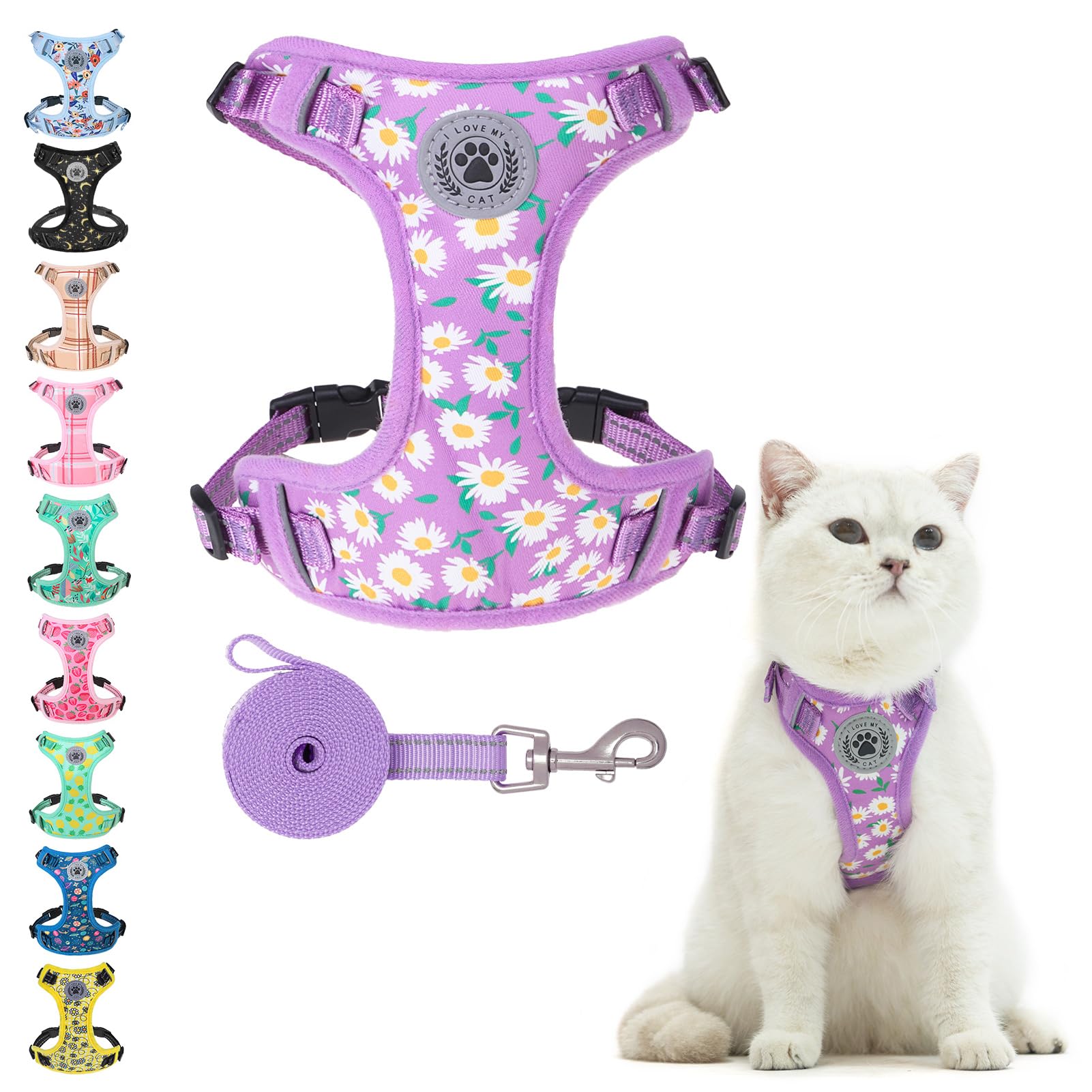 BEAUTYZOO Cat Harness and Leash Set for Walking Escape Proof, Neck Release Adjustable Harness for Kitten Puppy Small Medium Large Cats, Soft Cute Easy