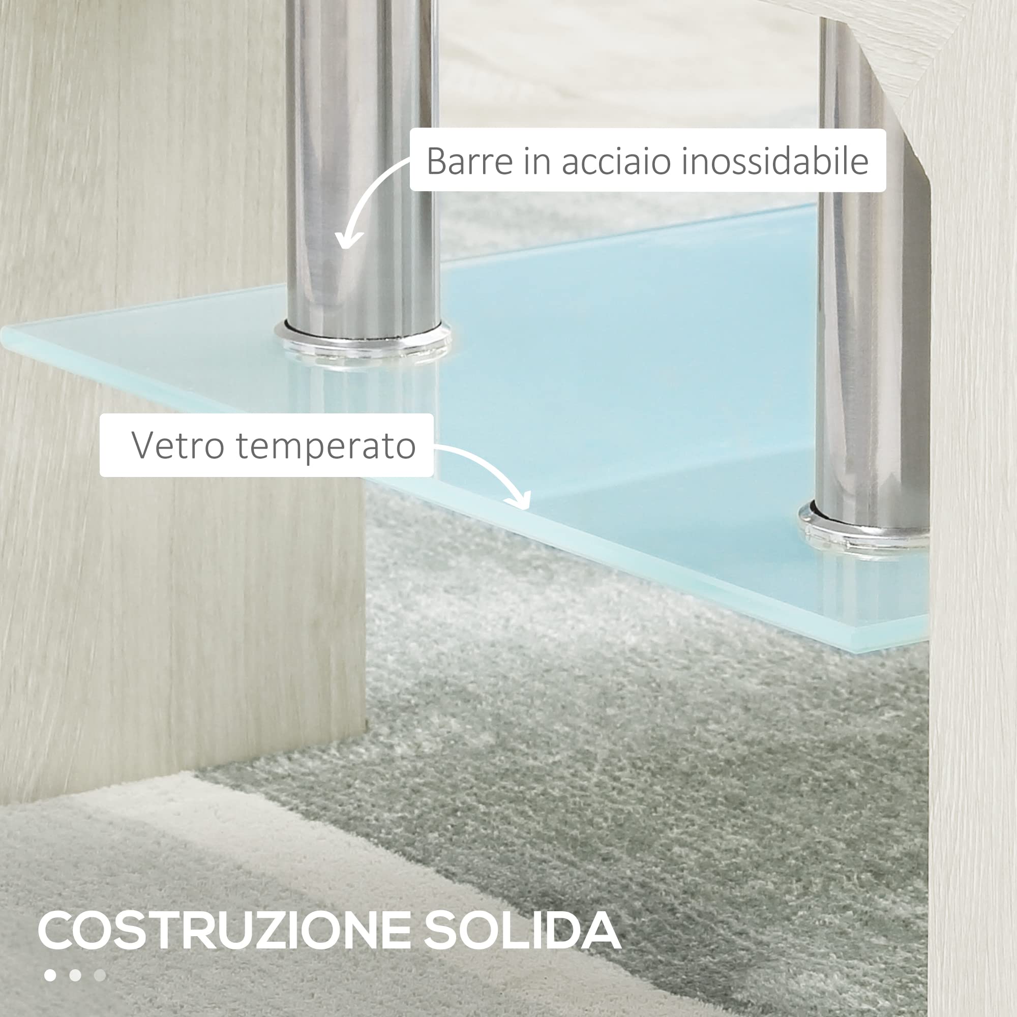 HOMCOM Tavolino Salotto Moderno a 2 Livelli con Piano d'Appoggio in Vetro Temperato, Tavolino da Divano in Legno e Acciaio, Tavolo da Caffè per Soggiorno, 90x50x42 cm, Bianco