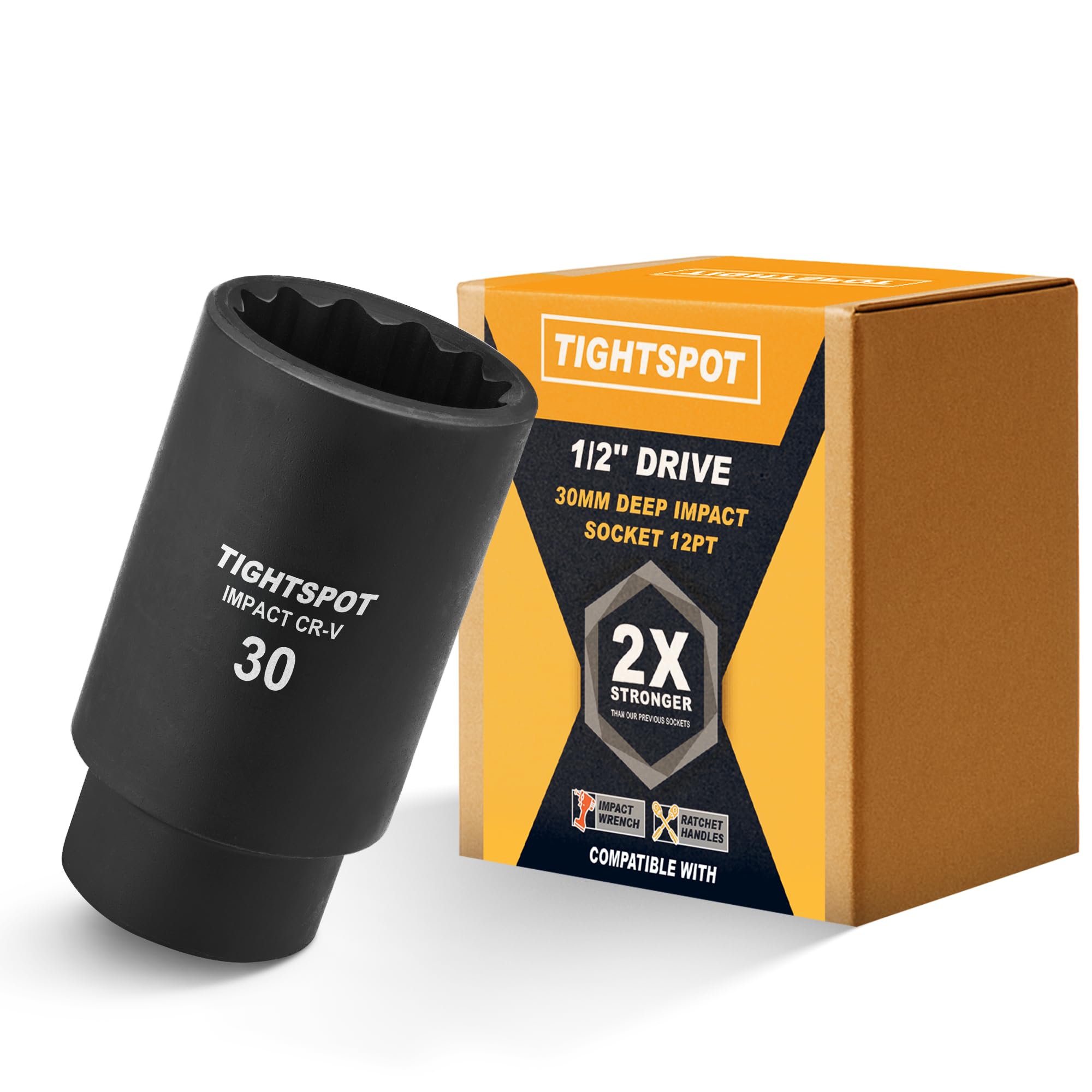 TIGHTSPOT 1/2 Inch Drive 30 mm Deep Impact Socket with Anti-Rounding 12 Point Design, Heat-Treated CRV Steel