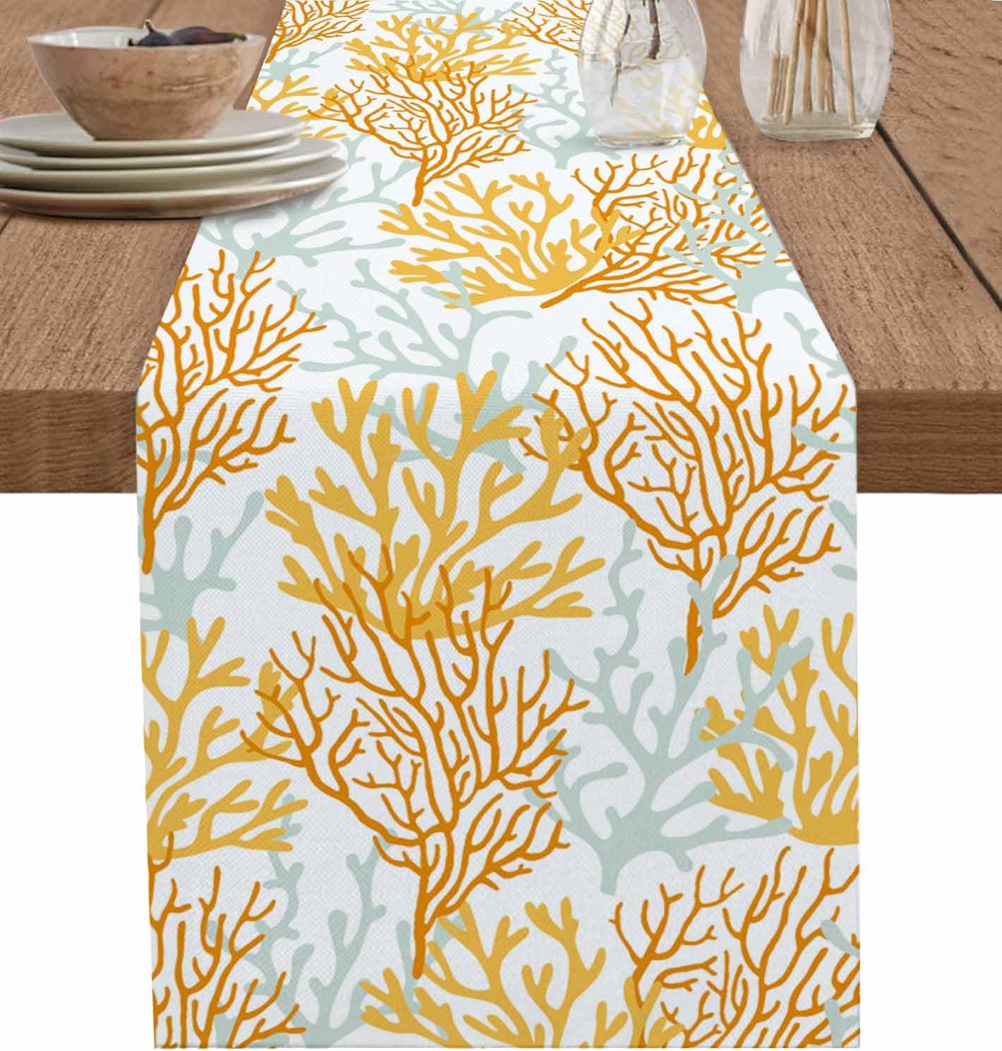 Orange Gray Coral Coastal Cotton Linen Rectangle Table Runners 14"x72", Summer Beach Seaside Nautical Coffee Table Runner Dresser Scarves Luxury Table Runners for Wedding Party Banquet Dinner Decor